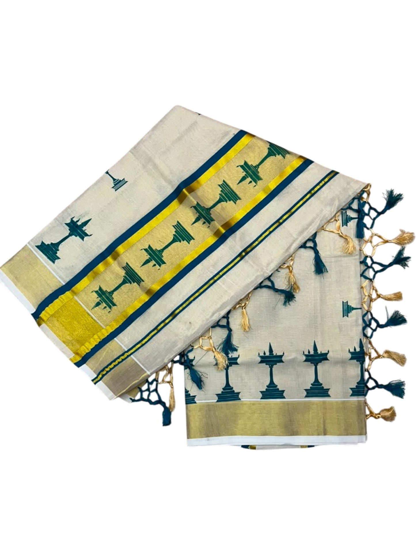 Southloom Kerala Tissue Saree with Nilavilakku Digital Print Design in Peacock Blue SL568