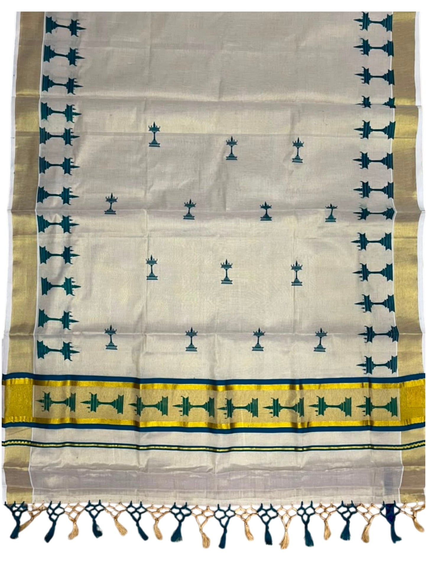 Southloom Kerala Tissue Saree with Nilavilakku Digital Print Design in Peacock Blue SL568
