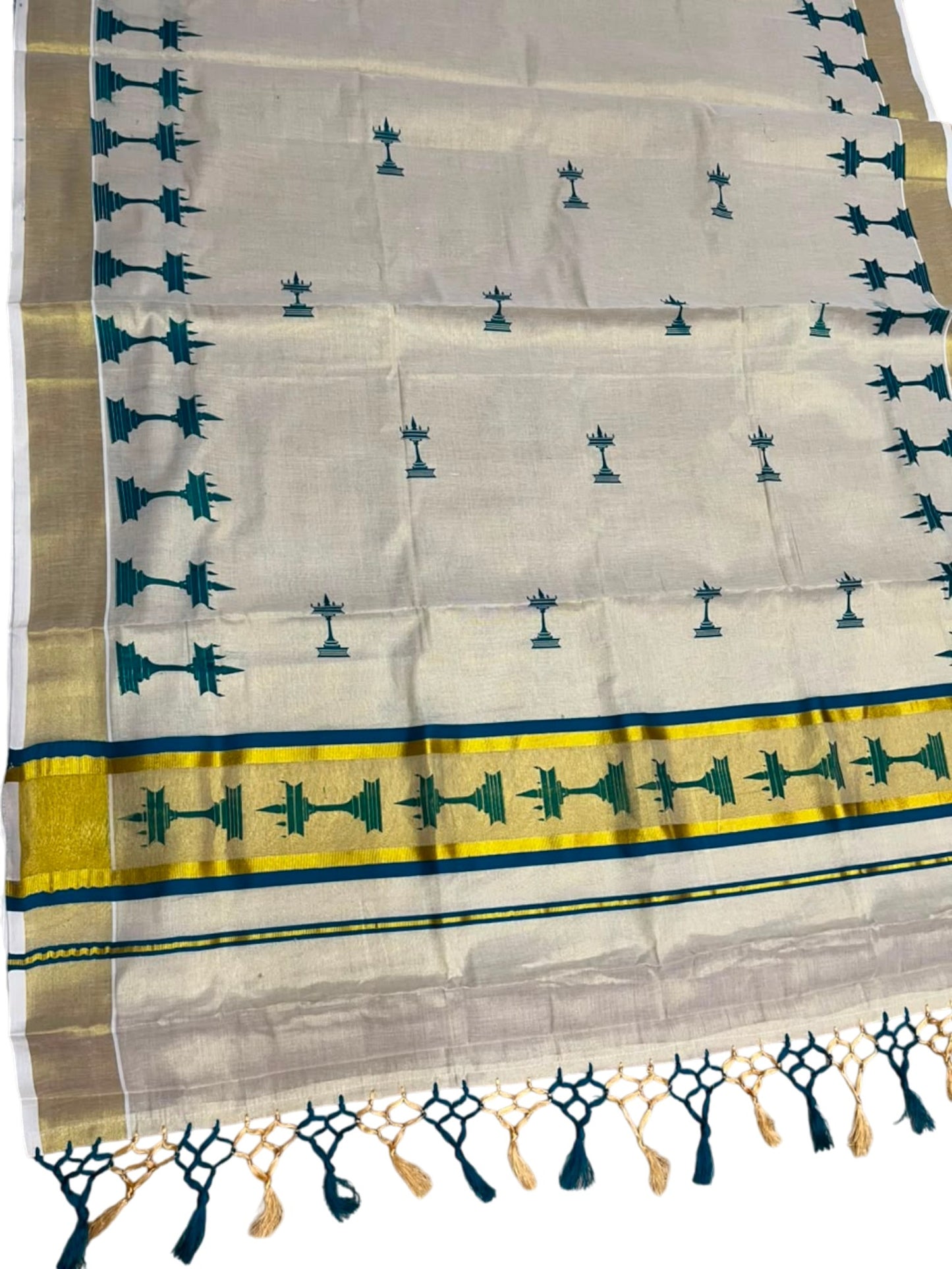 Southloom Kerala Tissue Saree with Nilavilakku Digital Print Design in Peacock Blue SL568
