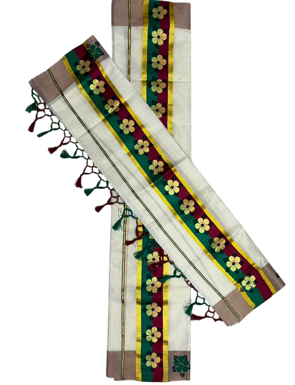 Kerala Pure Tissue Set Mundu Single (Mundum Neriyathum) with Floral Prints on Gold Kasavu Border in 2.80 Mtrs SL569