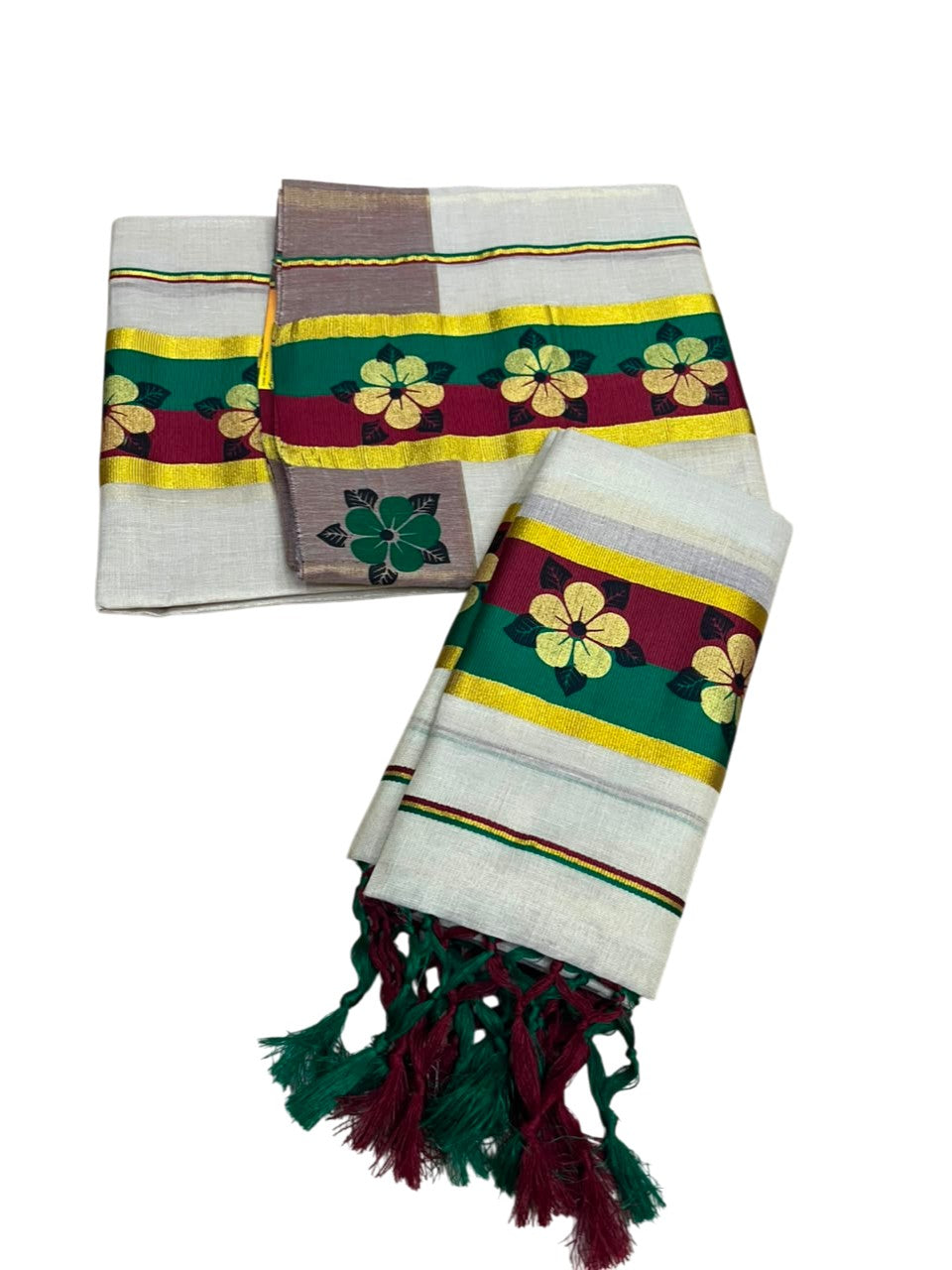 Kerala Pure Tissue Set Mundu Single (Mundum Neriyathum) with Floral Prints on Gold Kasavu Border in 2.80 Mtrs SL569
