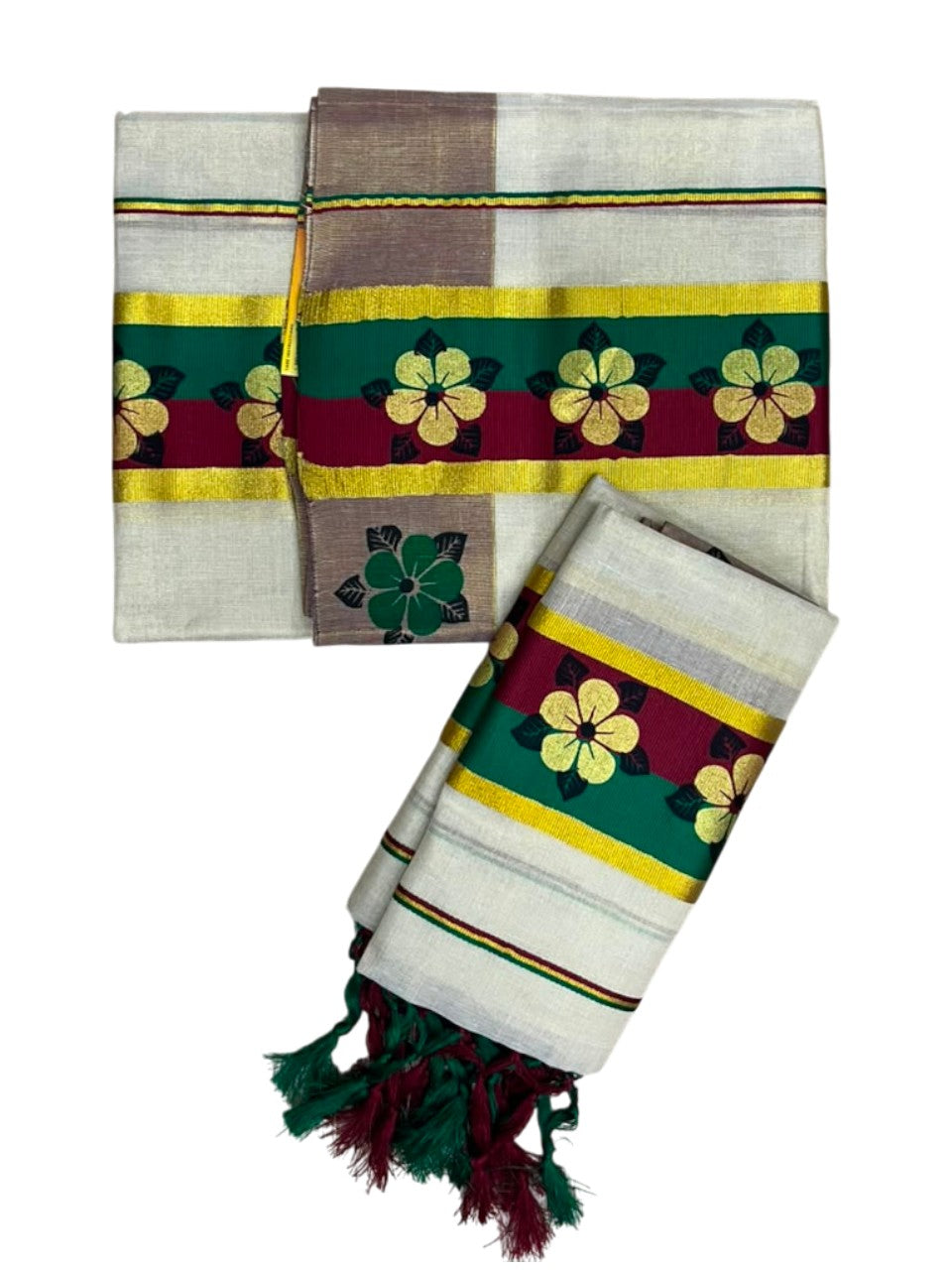 Kerala Pure Tissue Set Mundu Single (Mundum Neriyathum) with Floral Prints on Gold Kasavu Border in 2.80 Mtrs SL569