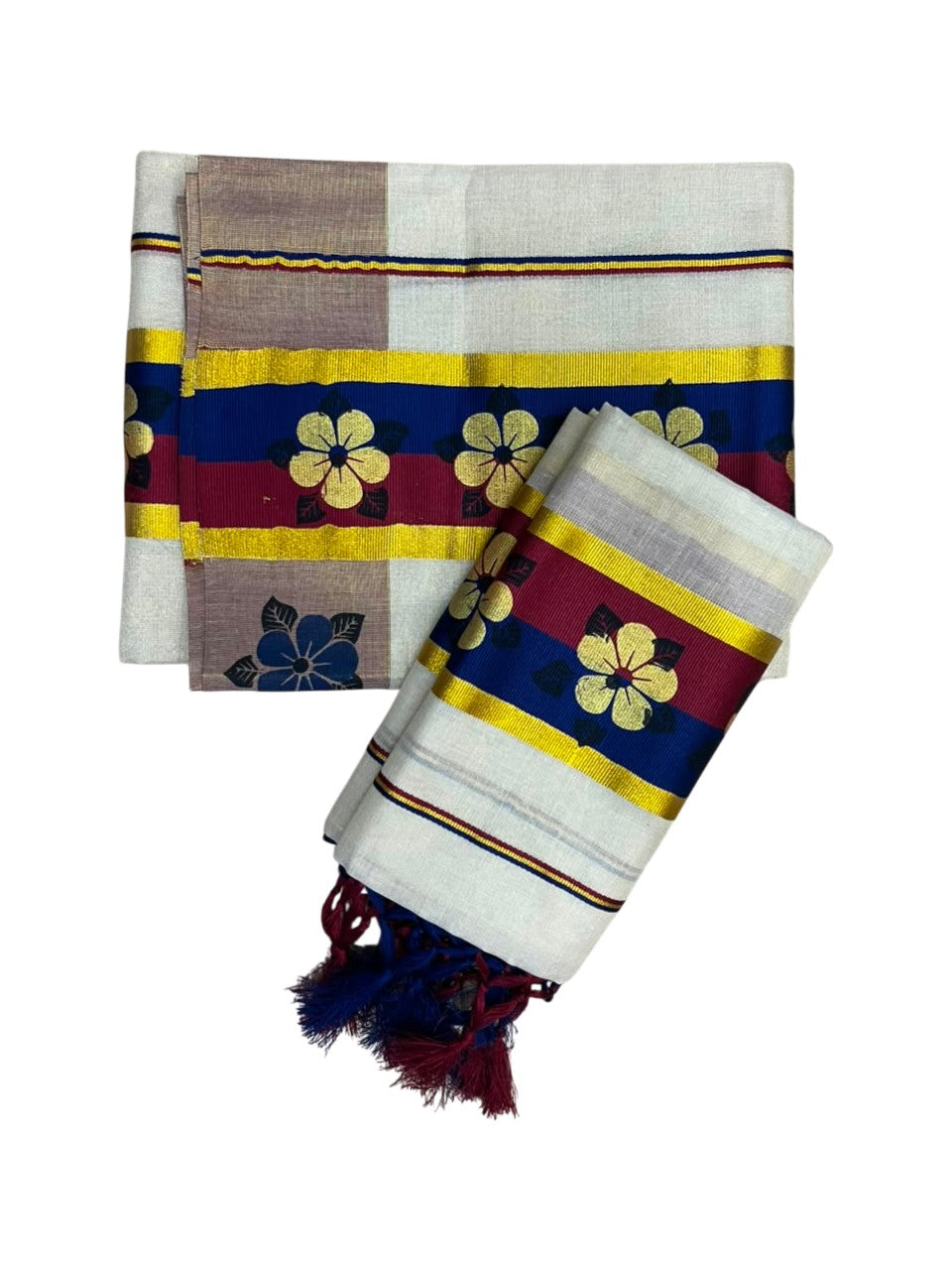 Kerala Pure Tissue Set Mundu Single (Mundum Neriyathum) with Floral Prints on Gold Kasavu Border in 2.80 Mtrs SL569