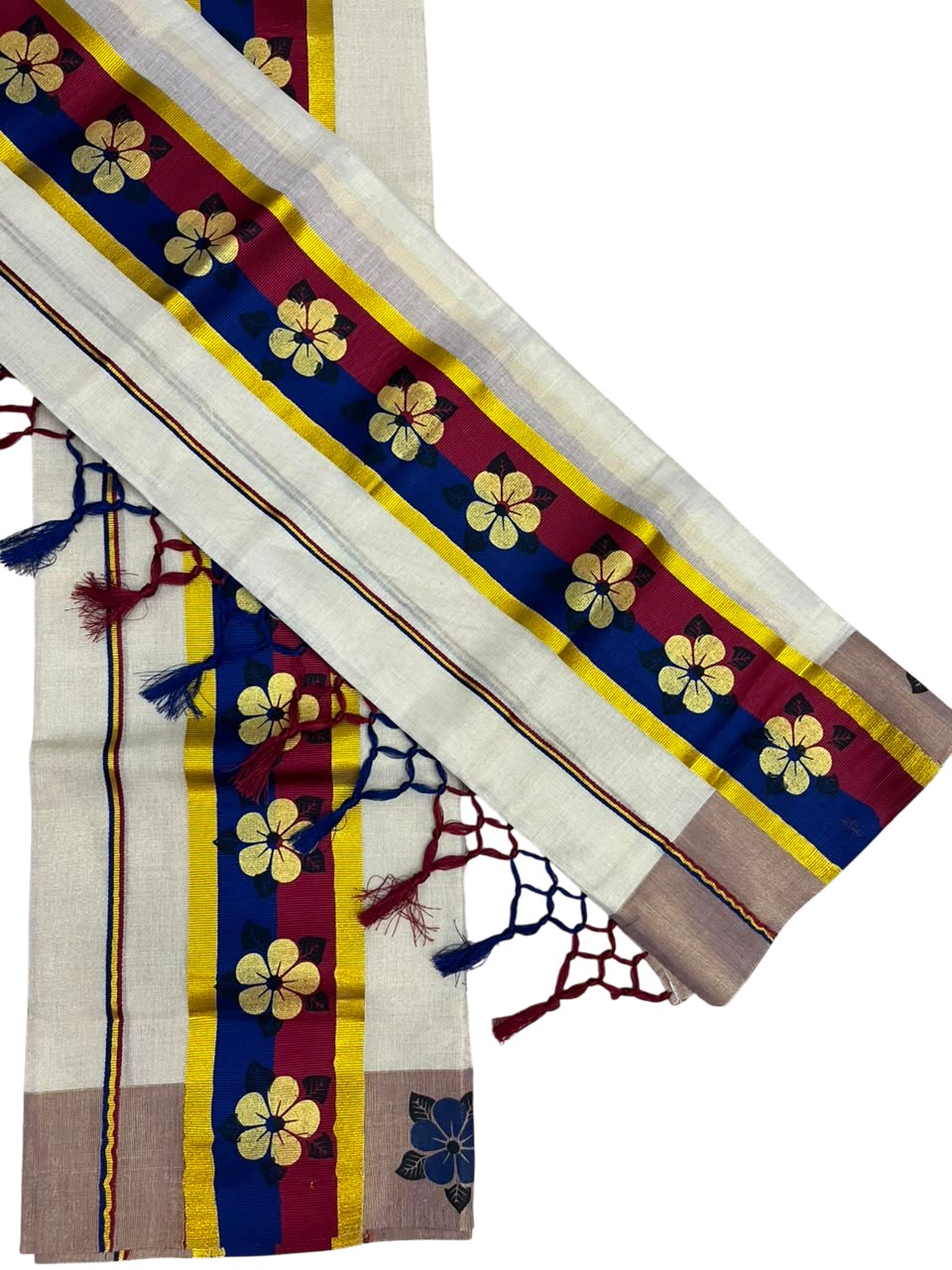 Kerala Pure Tissue Set Mundu Single (Mundum Neriyathum) with Floral Prints on Gold Kasavu Border in 2.80 Mtrs SL569