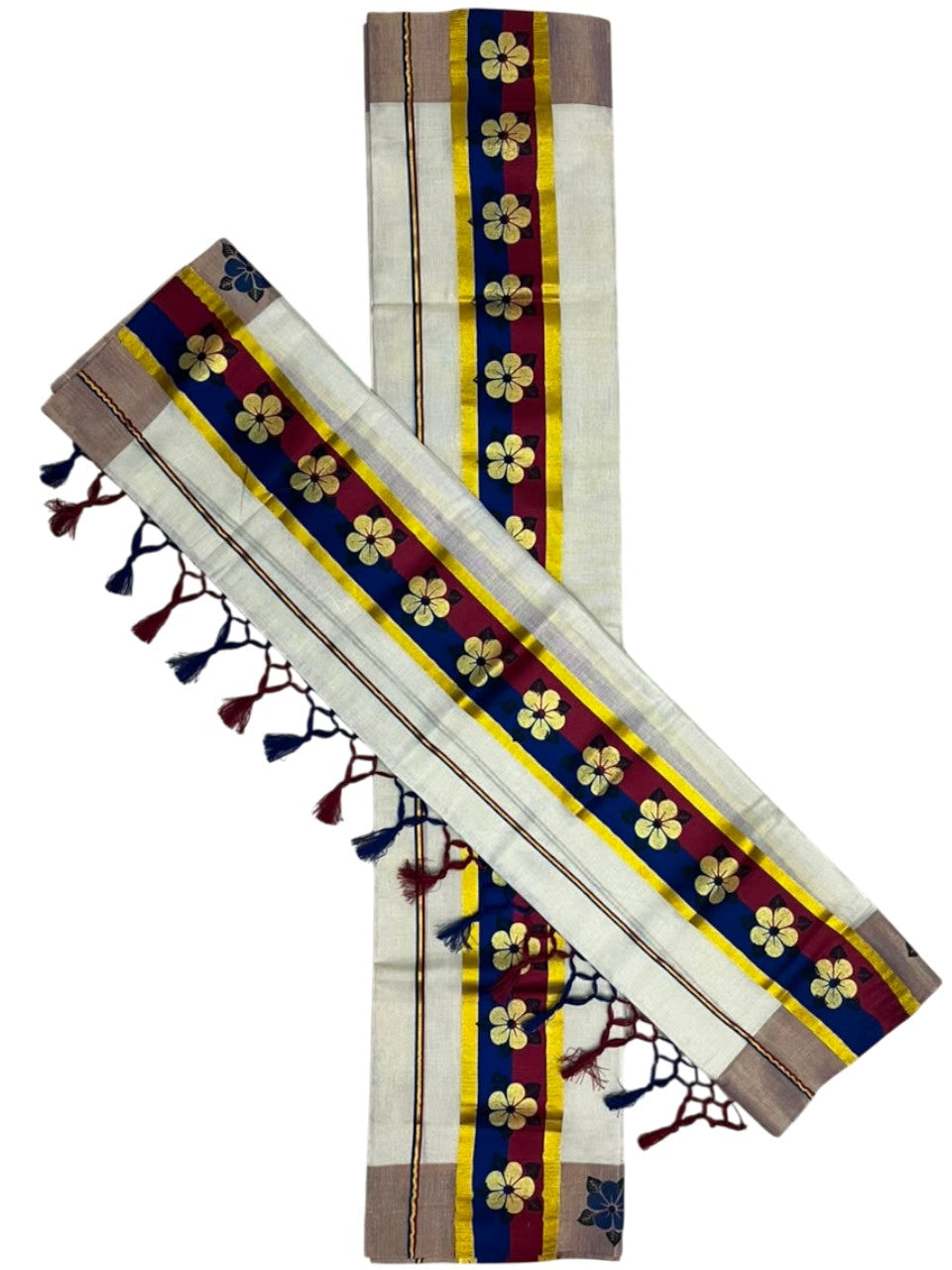 Kerala Pure Tissue Set Mundu Single (Mundum Neriyathum) with Floral Prints on Gold Kasavu Border in 2.80 Mtrs SL569