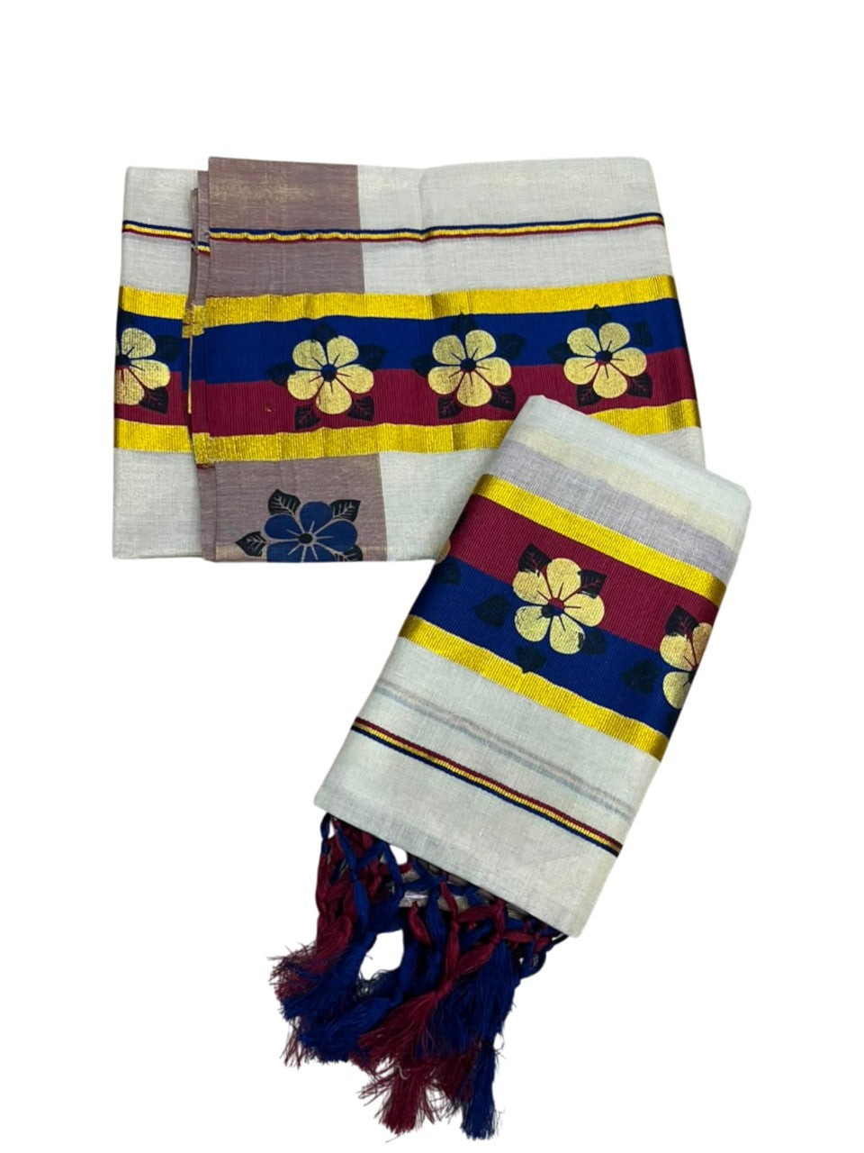 Kerala Pure Tissue Set Mundu Single (Mundum Neriyathum) with Floral Prints on Gold Kasavu Border in 2.80 Mtrs SL569