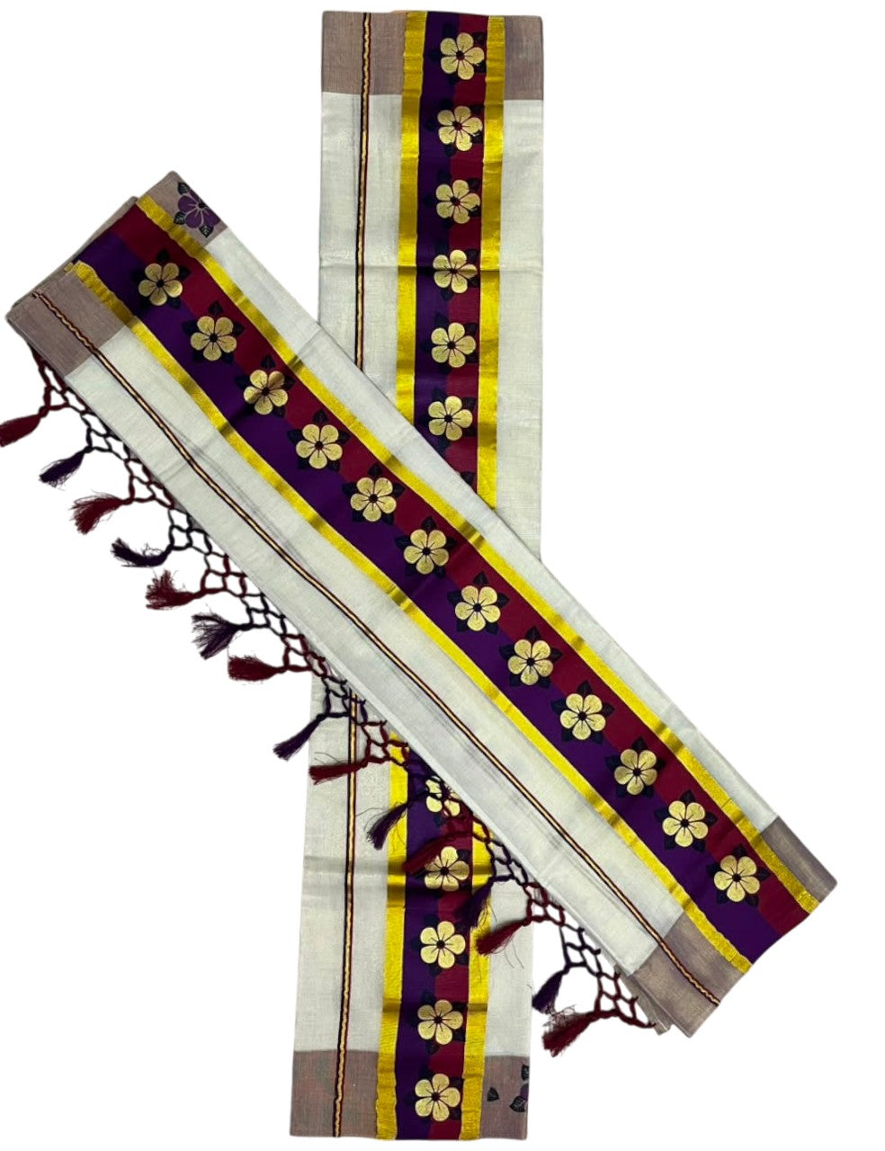 Kerala Pure Tissue Set Mundu Single (Mundum Neriyathum) with Floral Prints on Gold Kasavu Border in 2.80 Mtrs SL569
