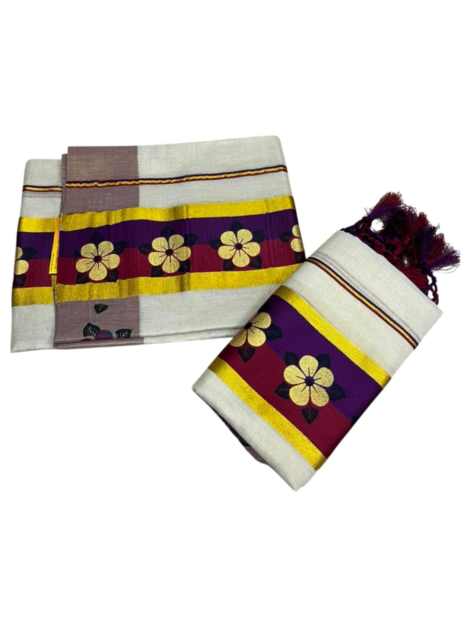 Kerala Pure Tissue Set Mundu Single (Mundum Neriyathum) with Floral Prints on Gold Kasavu Border in 2.80 Mtrs SL569