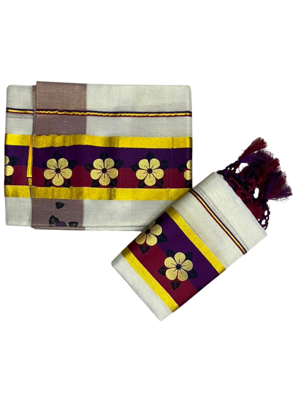 Kerala Pure Tissue Set Mundu Single (Mundum Neriyathum) with Floral Prints on Gold Kasavu Border in 2.80 Mtrs SL569