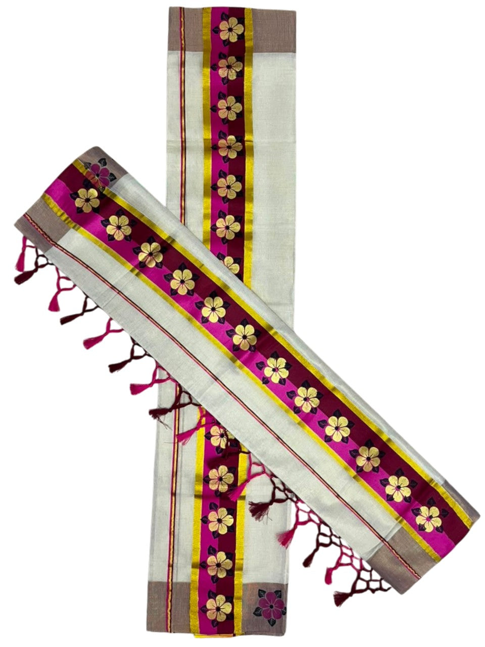 Kerala Pure Tissue Set Mundu Single (Mundum Neriyathum) with Floral Prints on Gold Kasavu Border in 2.80 Mtrs SL569