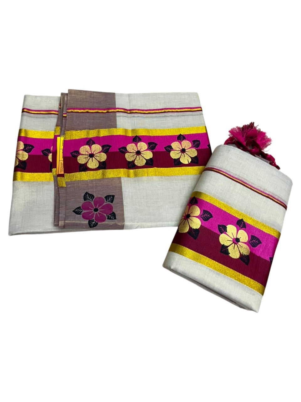 Kerala Pure Tissue Set Mundu Single (Mundum Neriyathum) with Floral Prints on Gold Kasavu Border in 2.80 Mtrs SL569