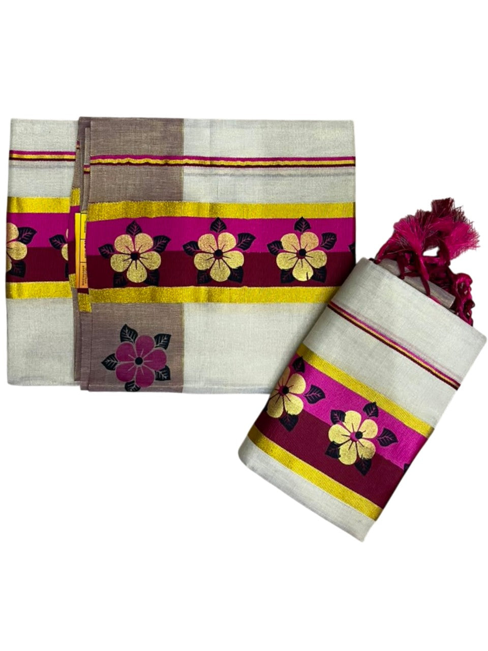 Kerala Pure Tissue Set Mundu Single (Mundum Neriyathum) with Floral Prints on Gold Kasavu Border in 2.80 Mtrs SL569