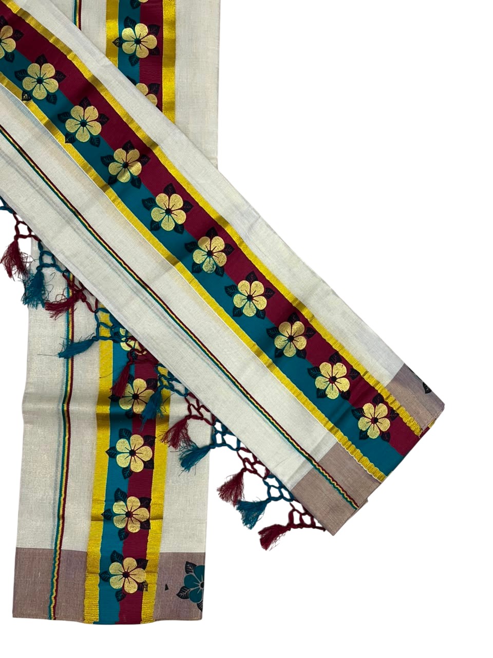 Kerala Pure Tissue Set Mundu Single (Mundum Neriyathum) with Floral Prints on Gold Kasavu Border in 2.80 Mtrs SL569