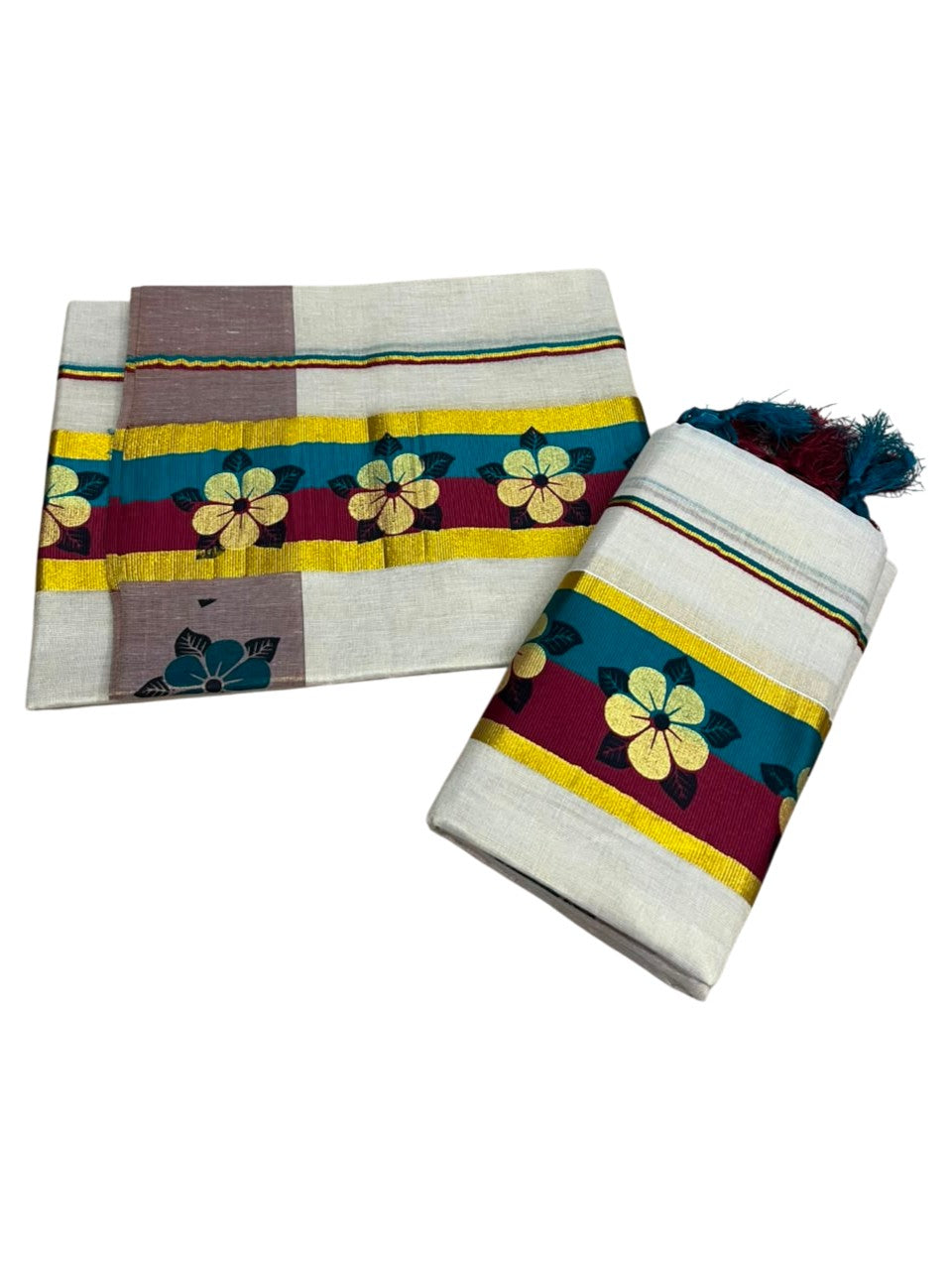 Kerala Pure Tissue Set Mundu Single (Mundum Neriyathum) with Floral Prints on Gold Kasavu Border in 2.80 Mtrs SL569