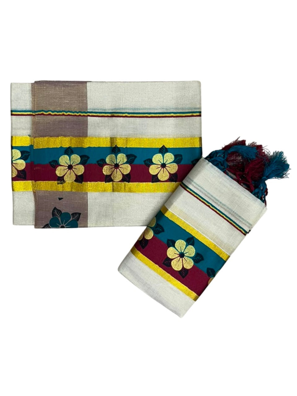 Kerala Pure Tissue Set Mundu Single (Mundum Neriyathum) with Floral Prints on Gold Kasavu Border in 2.80 Mtrs SL569