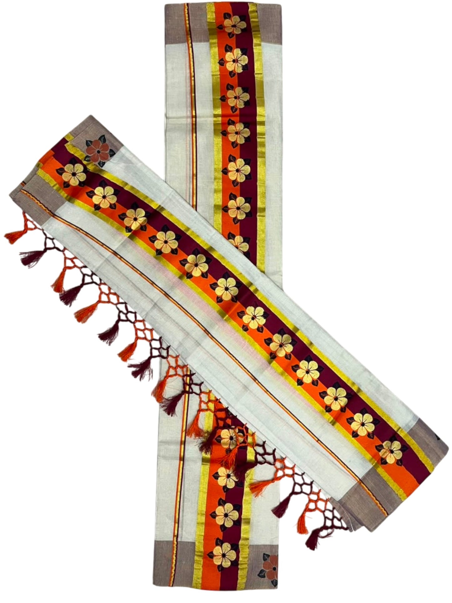 Kerala Pure Tissue Set Mundu Single (Mundum Neriyathum) with Floral Prints on Gold Kasavu Border in 2.80 Mtrs SL569