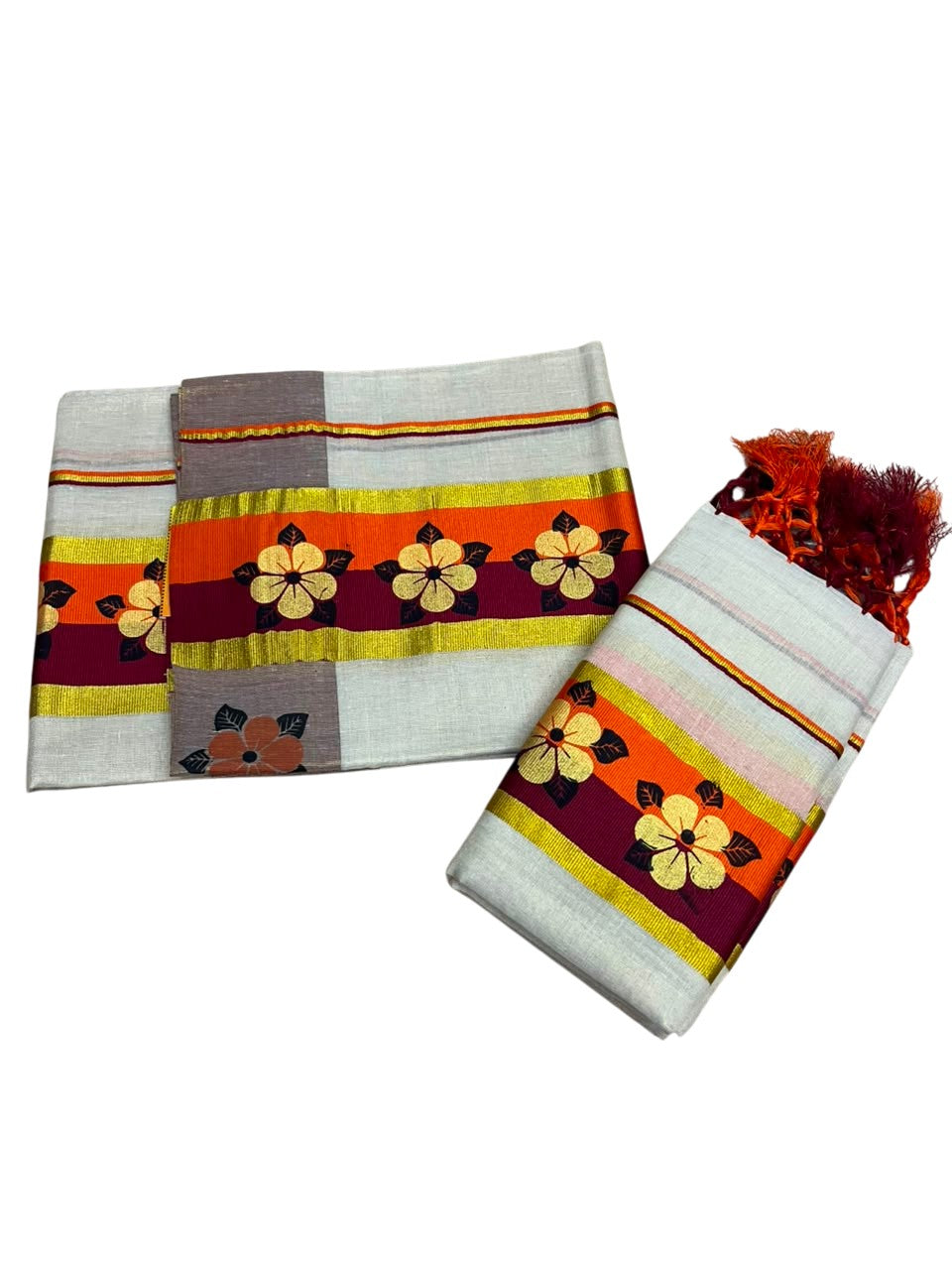Kerala Pure Tissue Set Mundu Single (Mundum Neriyathum) with Floral Prints on Gold Kasavu Border in 2.80 Mtrs SL569