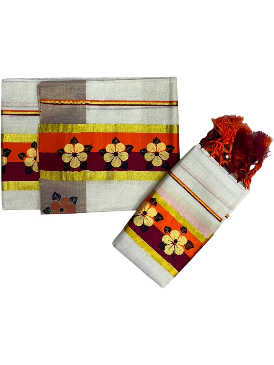 Kerala Pure Tissue Set Mundu Single (Mundum Neriyathum) with Floral Prints on Gold Kasavu Border in 2.80 Mtrs SL569