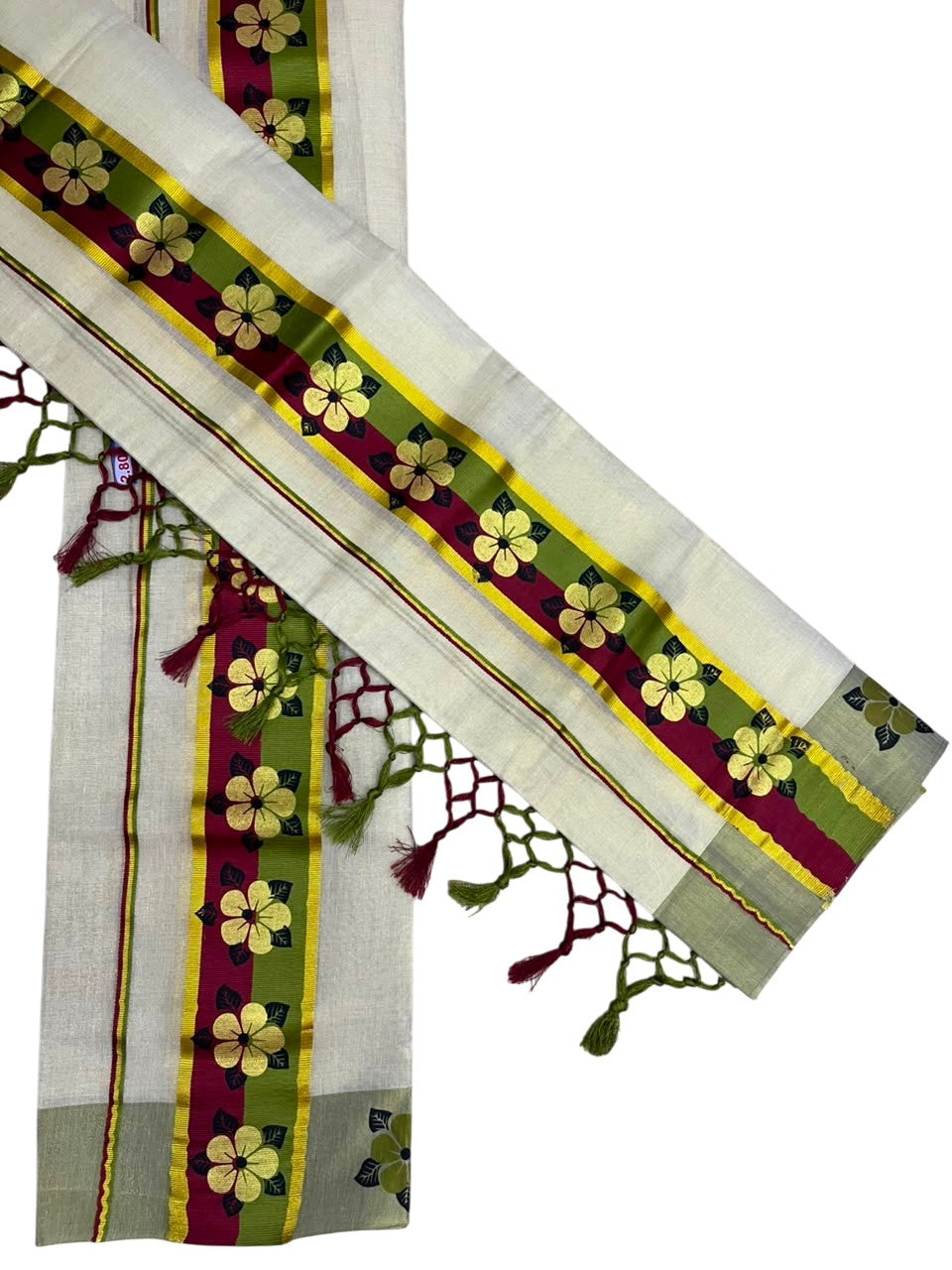 Kerala Pure Tissue Set Mundu Single (Mundum Neriyathum) with Floral Prints on Gold Kasavu Border in 2.80 Mtrs SL569