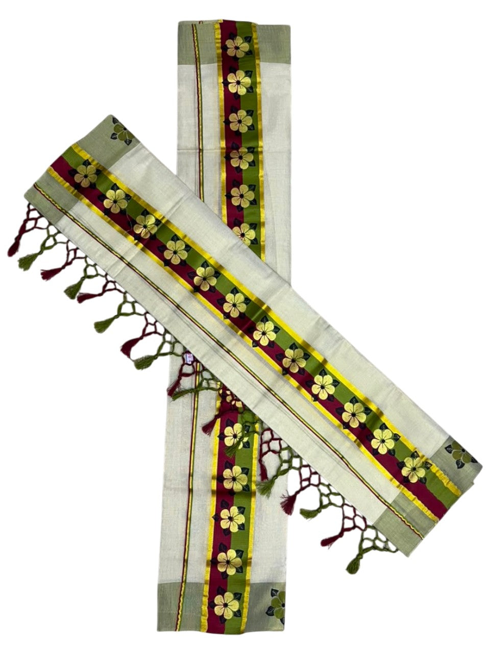 Kerala Pure Tissue Set Mundu Single (Mundum Neriyathum) with Floral Prints on Gold Kasavu Border in 2.80 Mtrs SL569