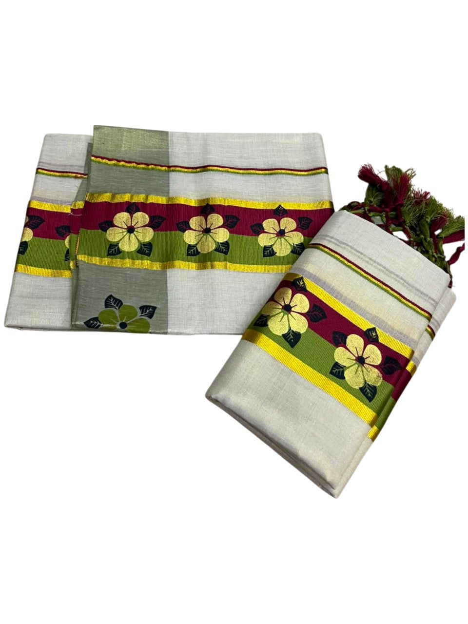 Kerala Pure Tissue Set Mundu Single (Mundum Neriyathum) with Floral Prints on Gold Kasavu Border in 2.80 Mtrs SL569
