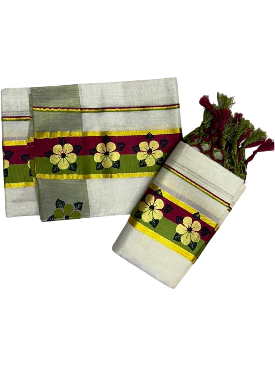 Kerala Pure Tissue Set Mundu Single (Mundum Neriyathum) with Floral Prints on Gold Kasavu Border in 2.80 Mtrs SL569