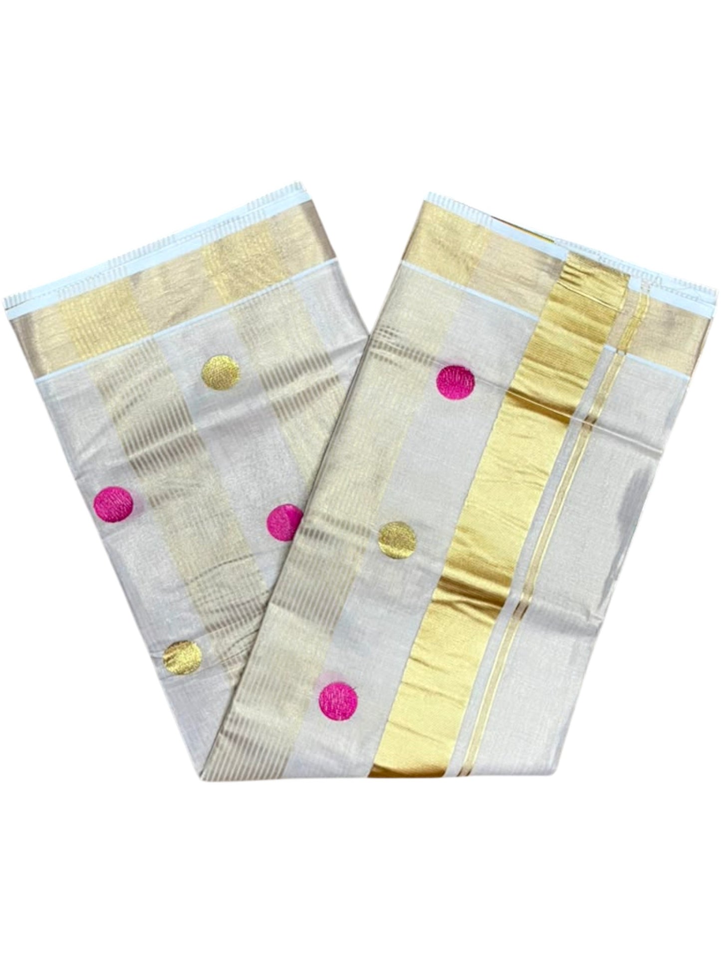 Southloom Kerala Tissue Kasavu Stripes Saree with Polka Embroidery Works on Body in Pink