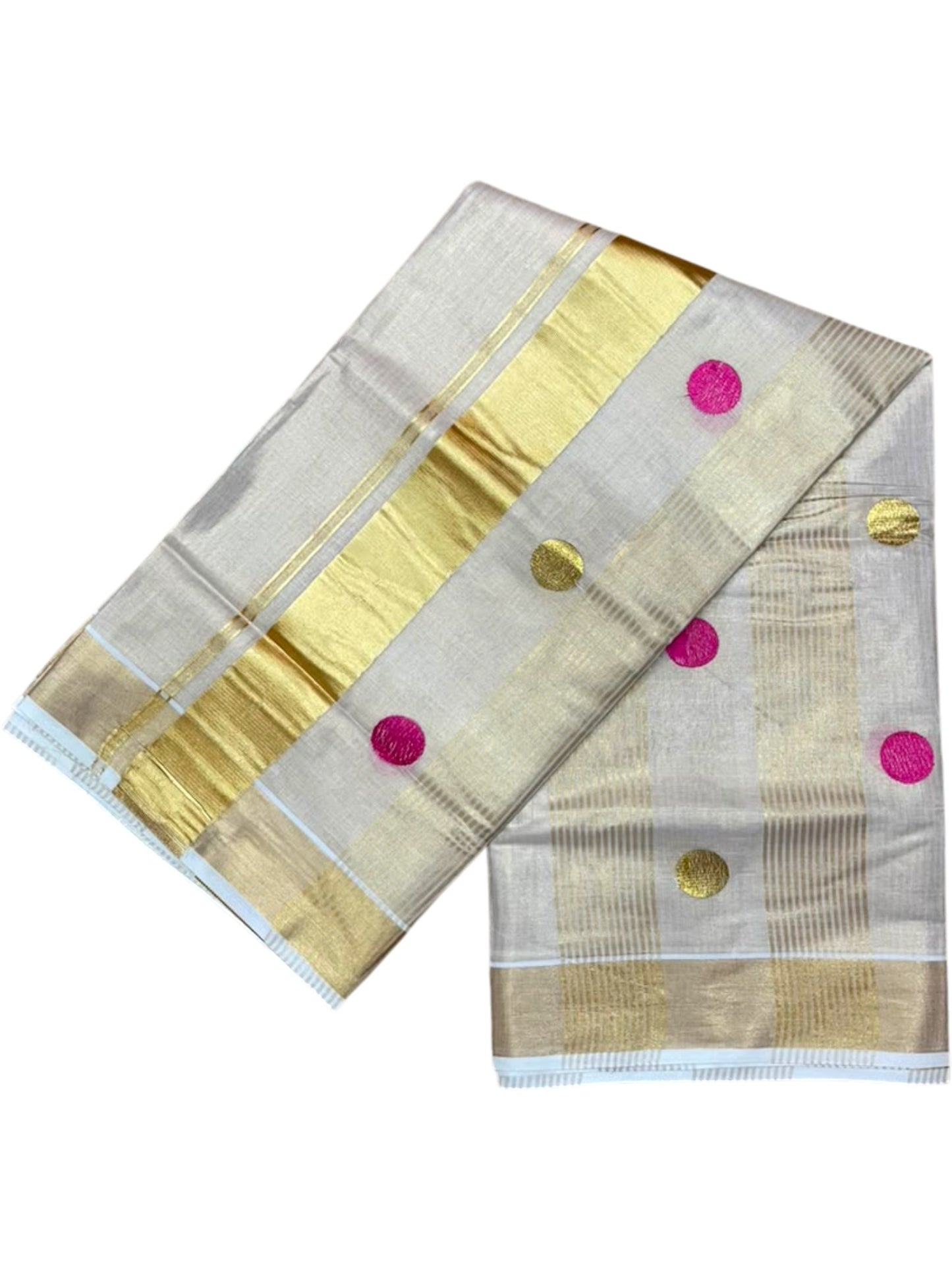 Southloom Kerala Tissue Kasavu Stripes Saree with Polka Embroidery Works on Body in Pink