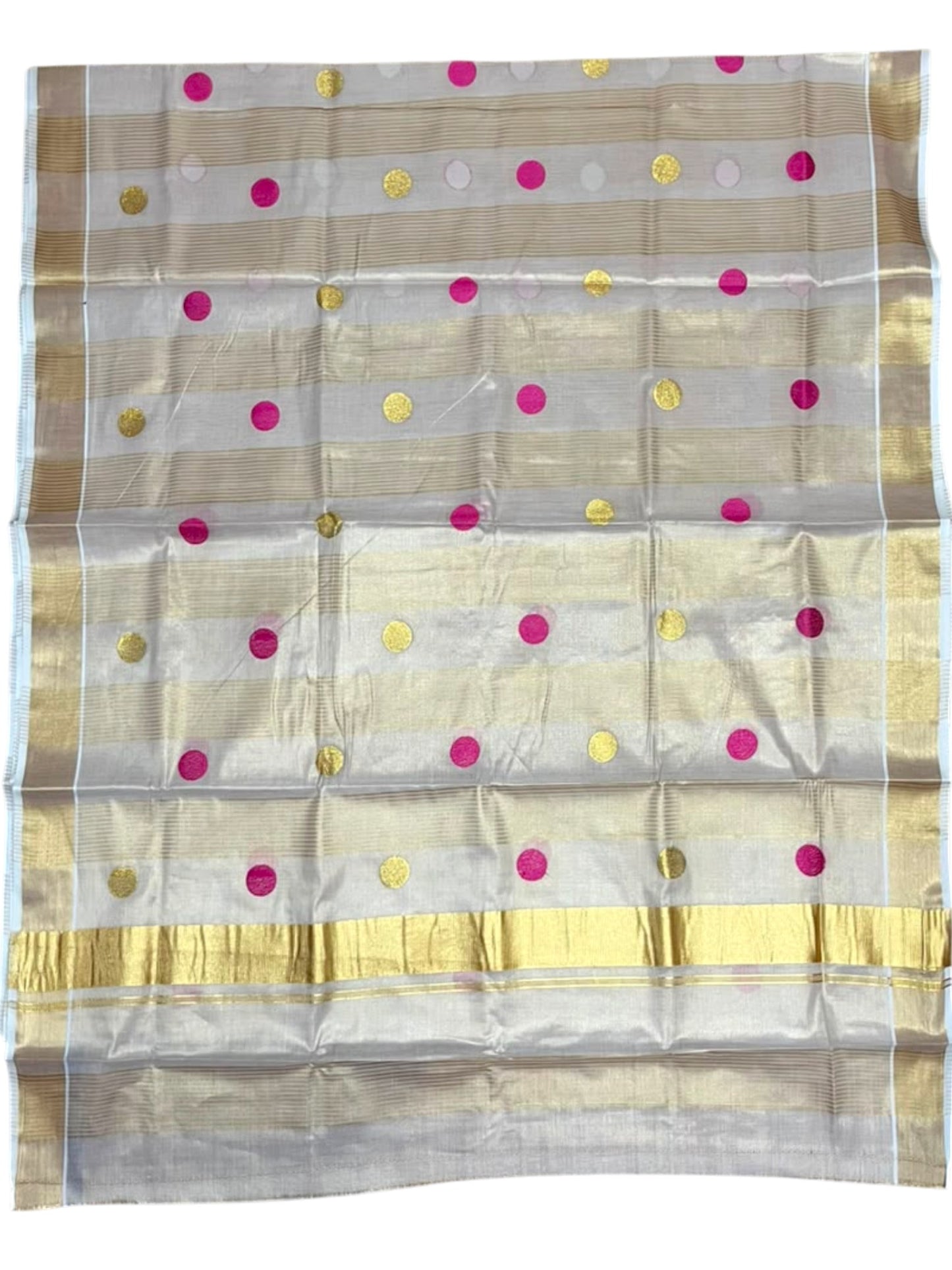 Southloom Kerala Tissue Kasavu Stripes Saree with Polka Embroidery Works on Body in Pink