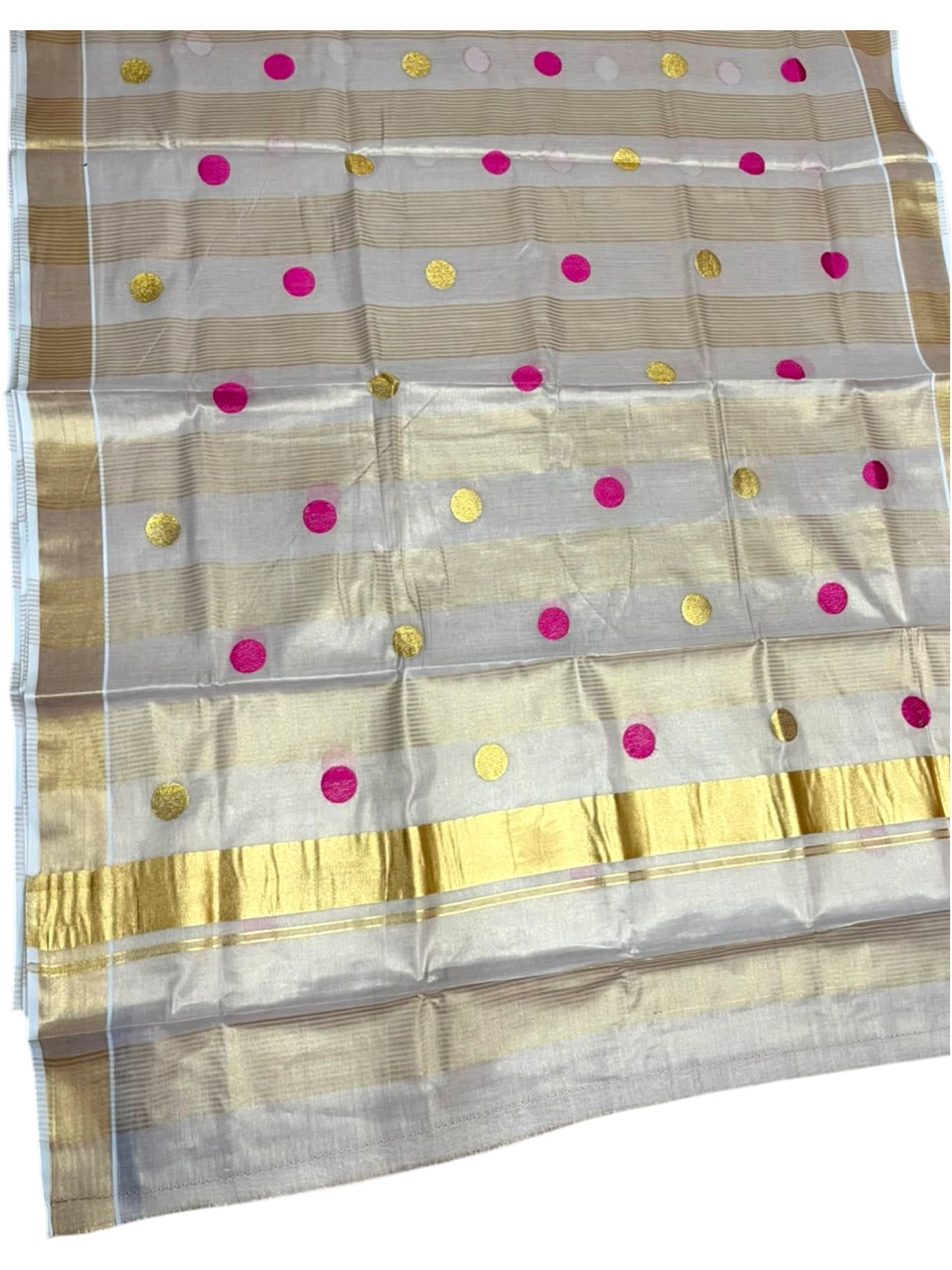 Southloom Kerala Tissue Kasavu Stripes Saree with Polka Embroidery Works on Body in Pink