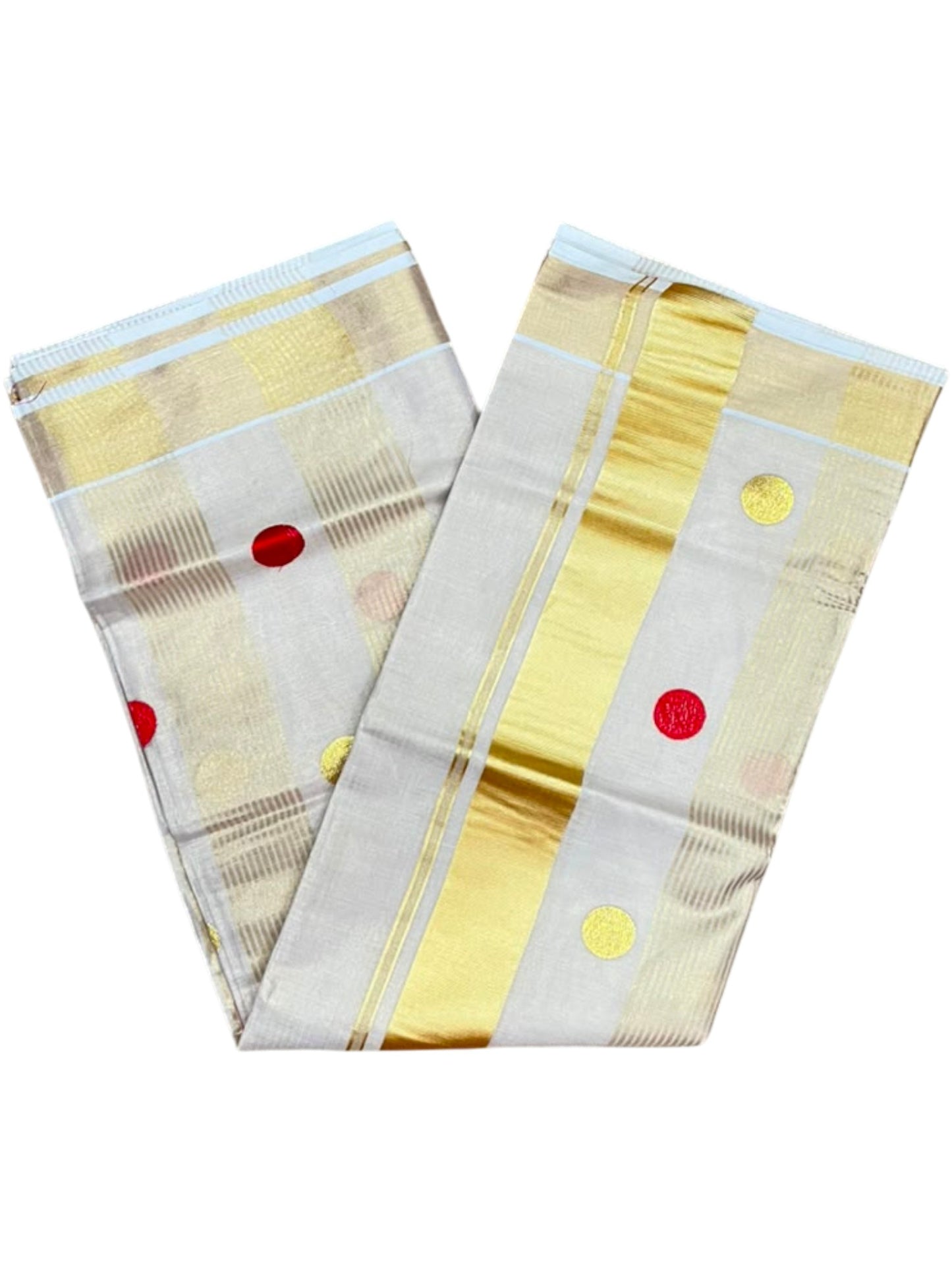 Southloom Kerala Tissue Kasavu Stripes Saree with Polka Embroidery Works on Body in Red