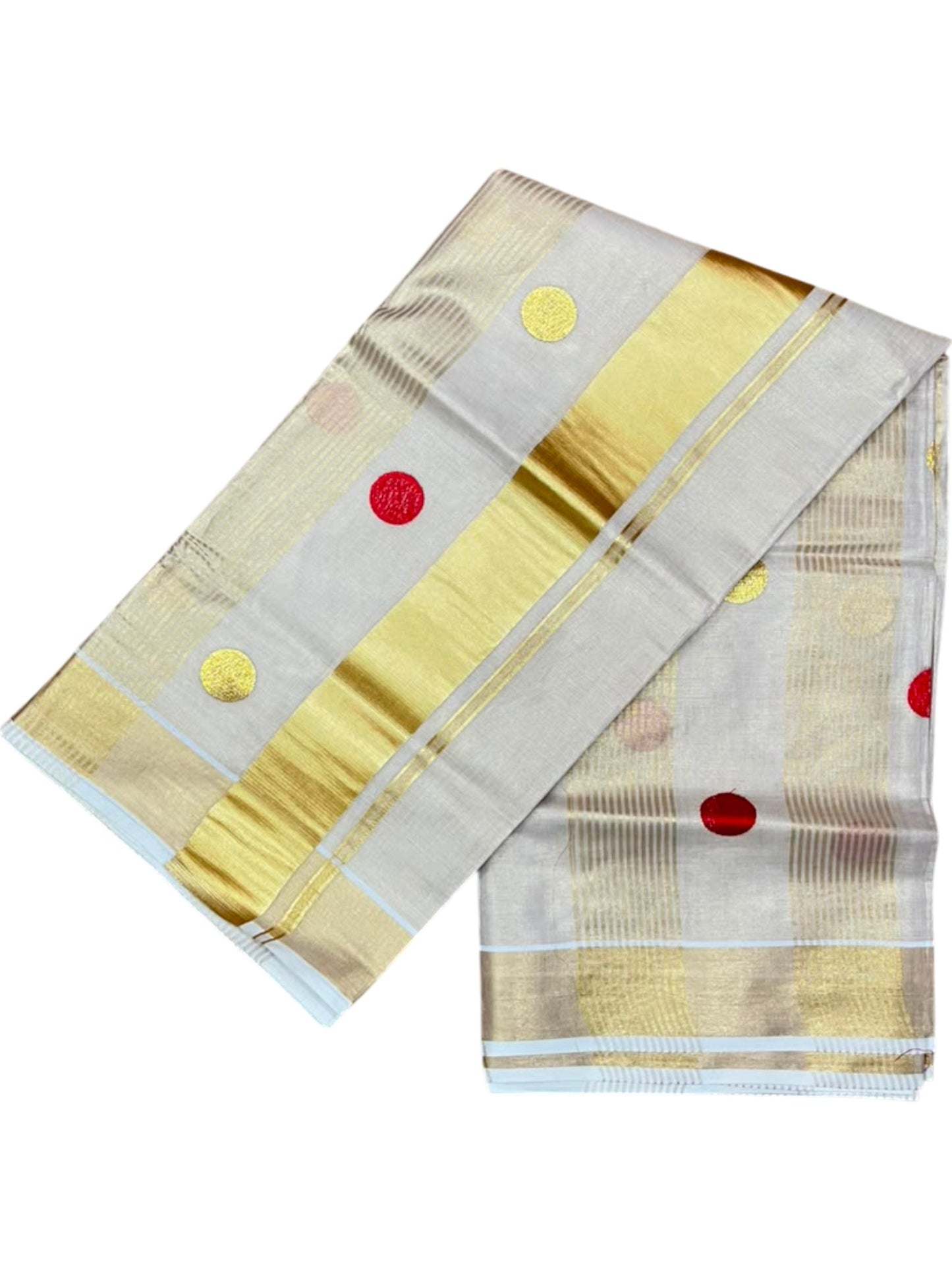 Southloom Kerala Tissue Kasavu Stripes Saree with Polka Embroidery Works on Body in Red