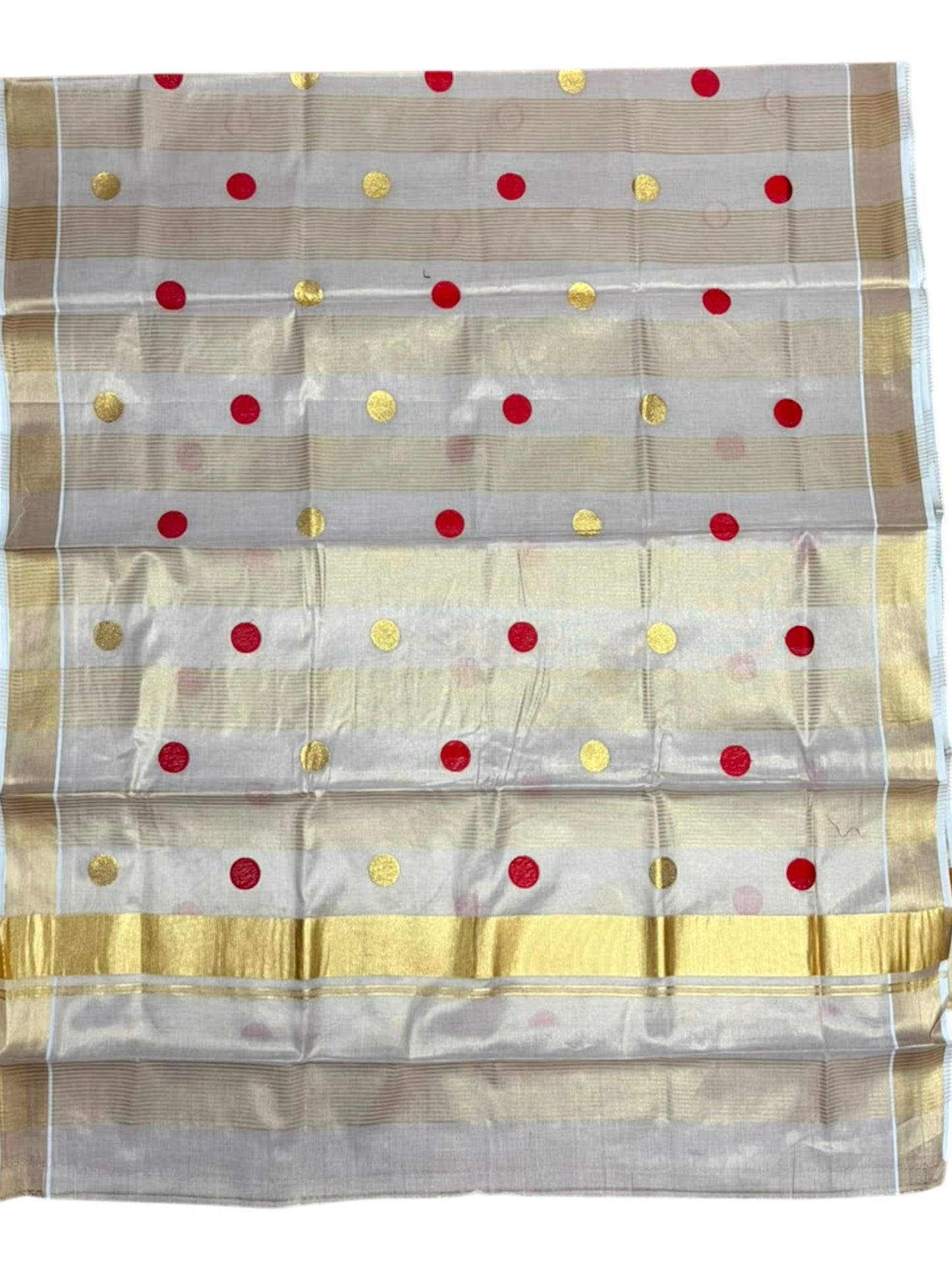 Southloom Kerala Tissue Kasavu Stripes Saree with Polka Embroidery Works on Body in Red