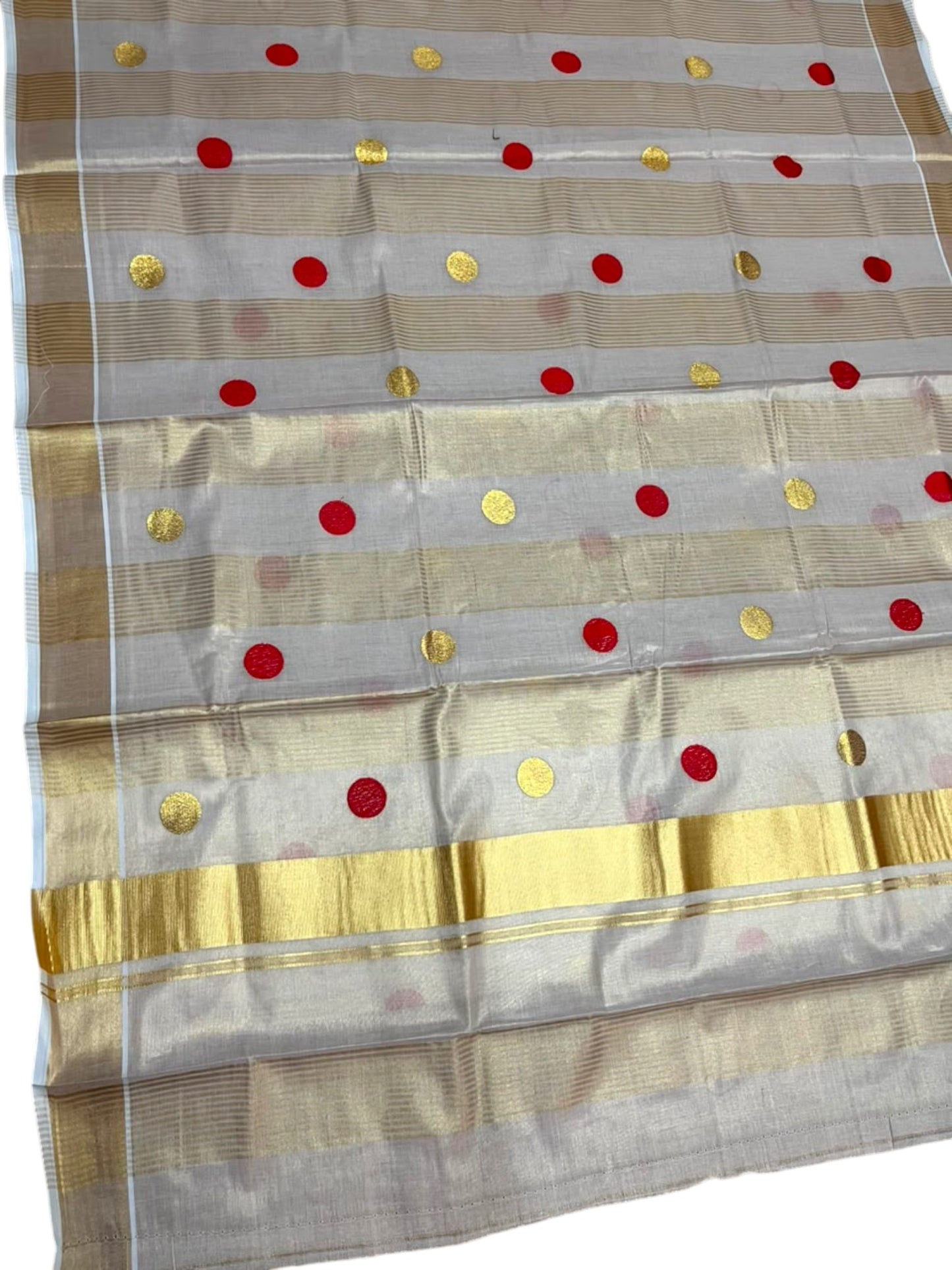 Southloom Kerala Tissue Kasavu Stripes Saree with Polka Embroidery Works on Body in Red
