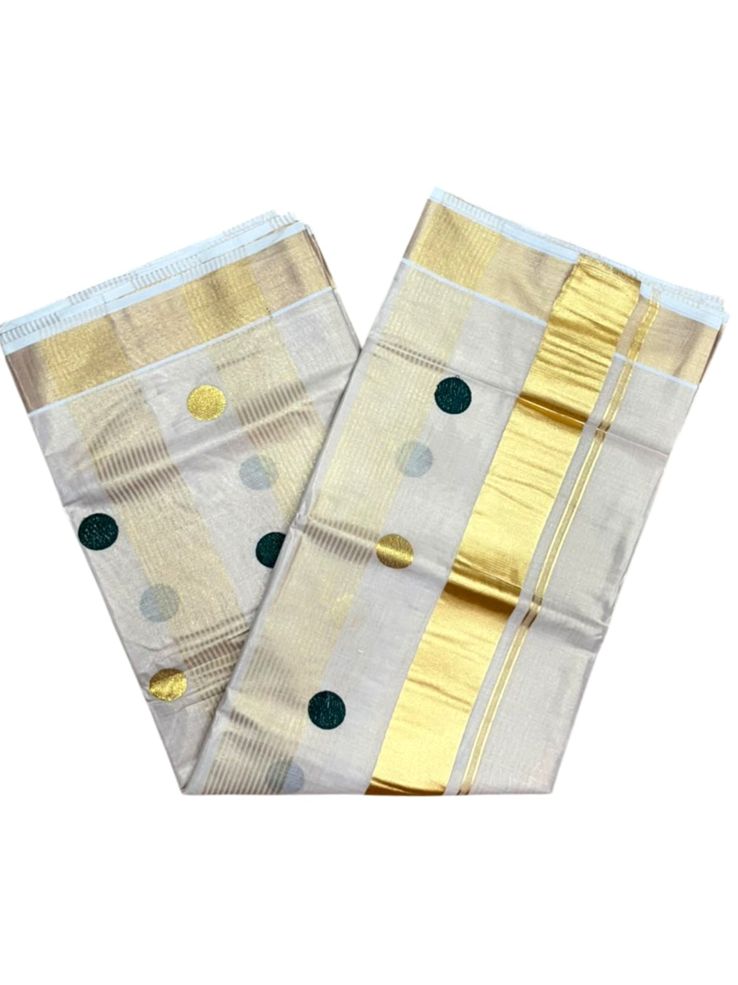 Southloom Kerala Tissue Kasavu Stripes Saree with Polka Embroidery Works on Body in Green