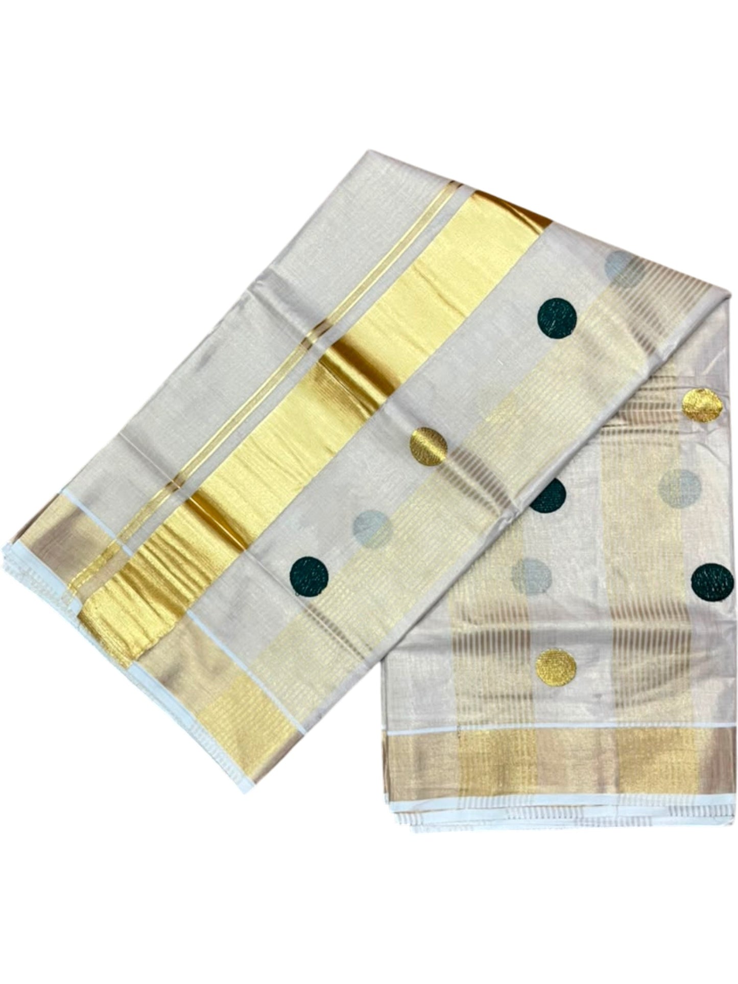 Southloom Kerala Tissue Kasavu Stripes Saree with Polka Embroidery Works on Body in Green