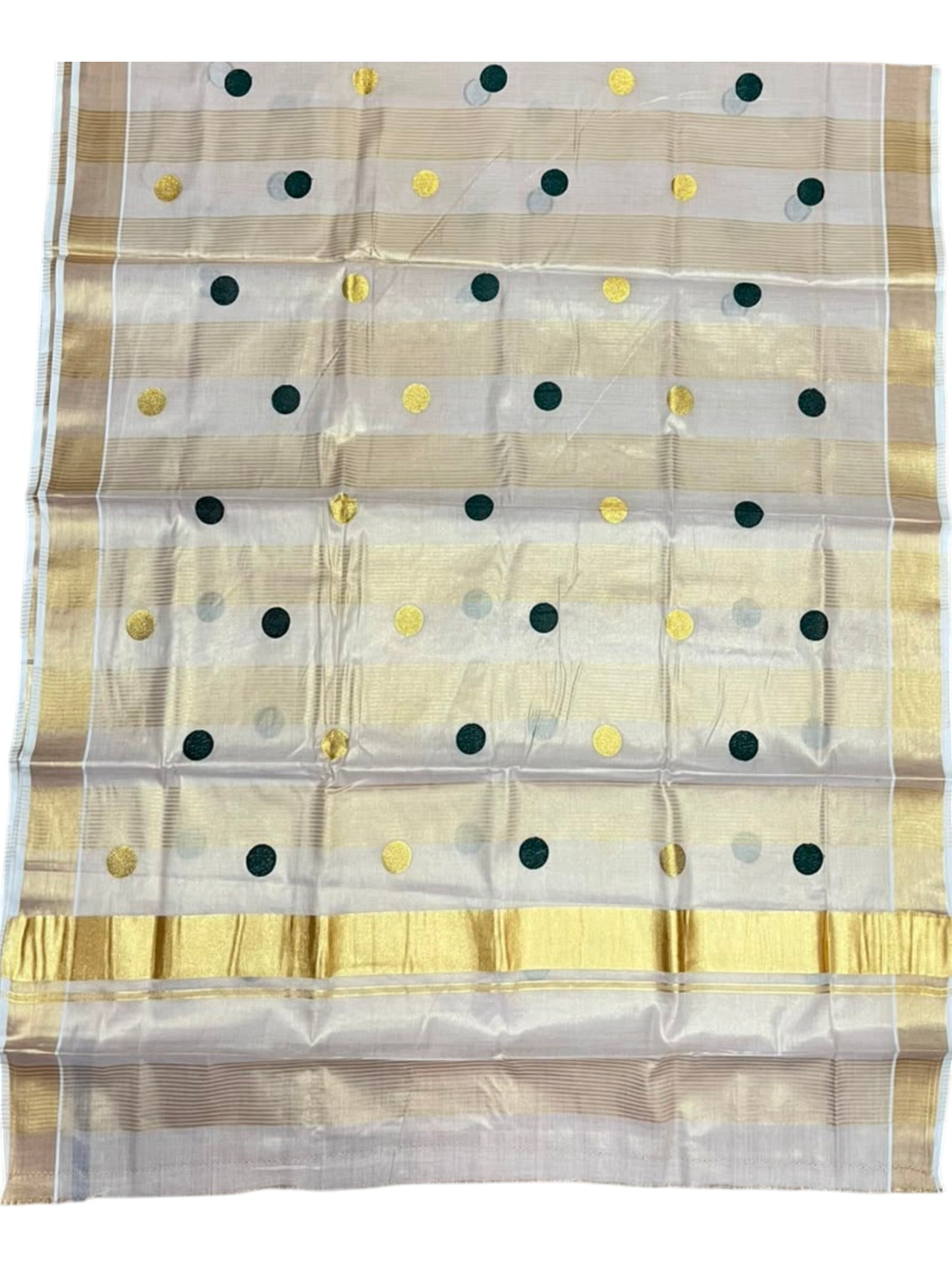 Southloom Kerala Tissue Kasavu Stripes Saree with Polka Embroidery Works on Body in Green