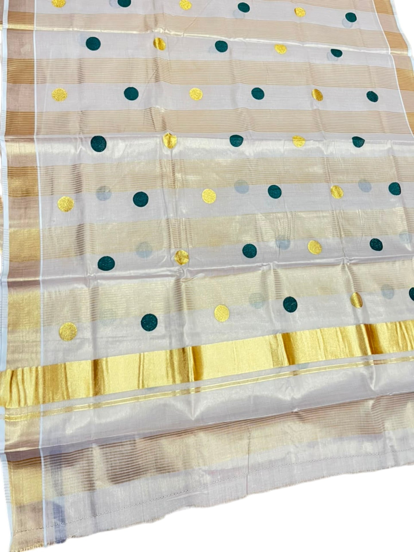 Southloom Kerala Tissue Kasavu Stripes Saree with Polka Embroidery Works on Body in Green