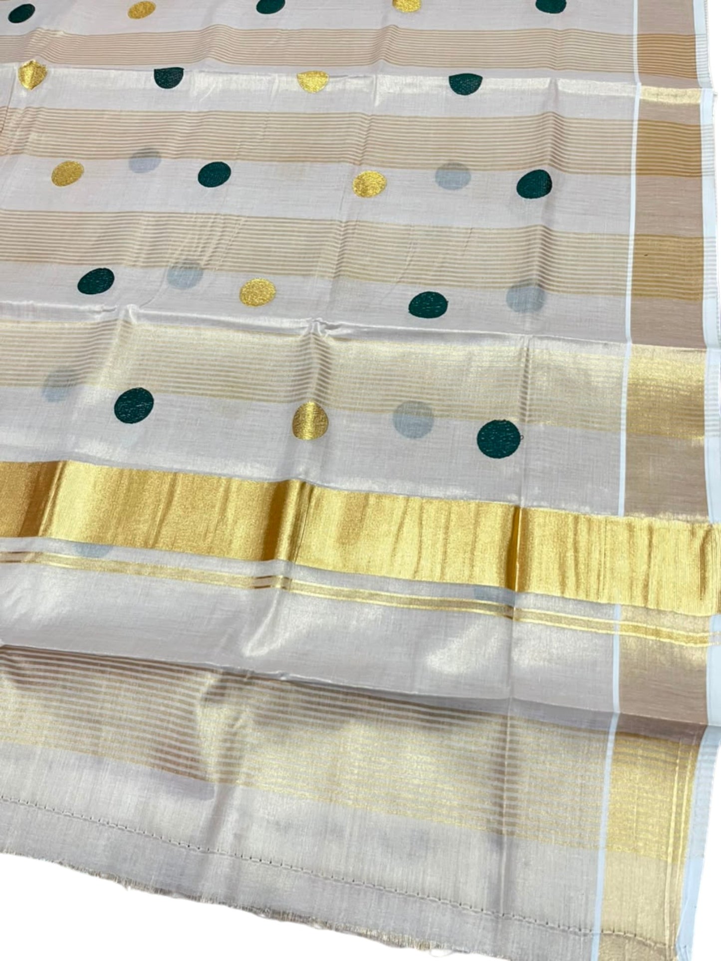Southloom Kerala Tissue Kasavu Stripes Saree with Polka Embroidery Works on Body in Green