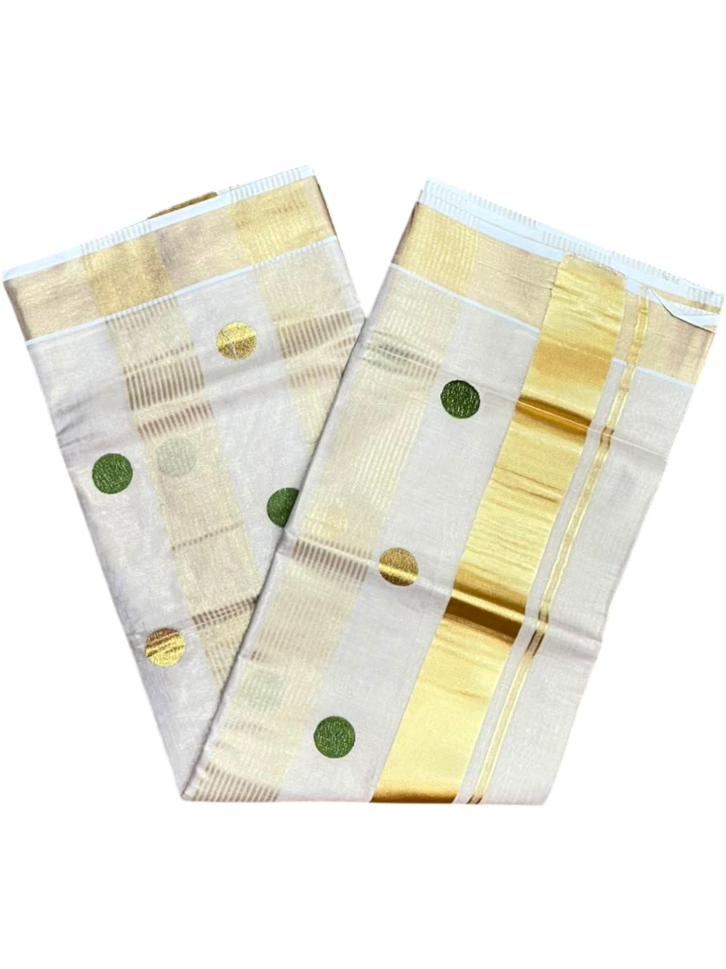 Southloom Kerala Tissue Kasavu Stripes Saree with Polka Embroidery Works on Body in Olive Green