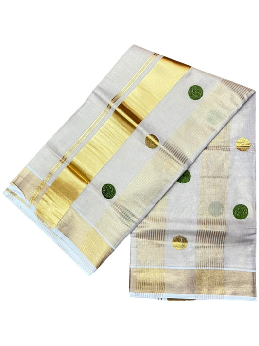 Southloom Kerala Tissue Kasavu Stripes Saree with Polka Embroidery Works on Body in Olive Green