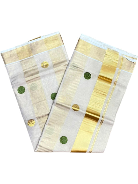 Southloom Kerala Tissue Kasavu Stripes Saree with Polka Embroidery Works on Body in Olive Green