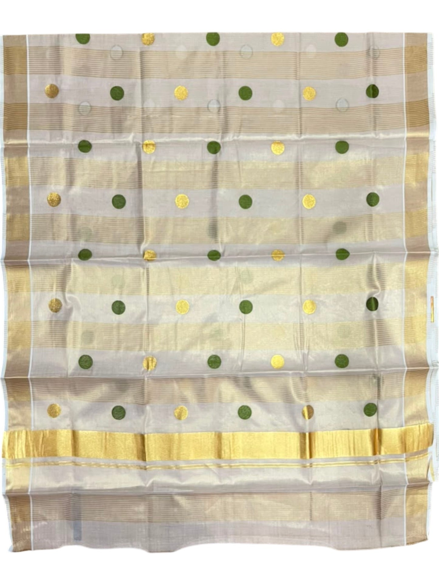 Southloom Kerala Tissue Kasavu Stripes Saree with Polka Embroidery Works on Body in Olive Green