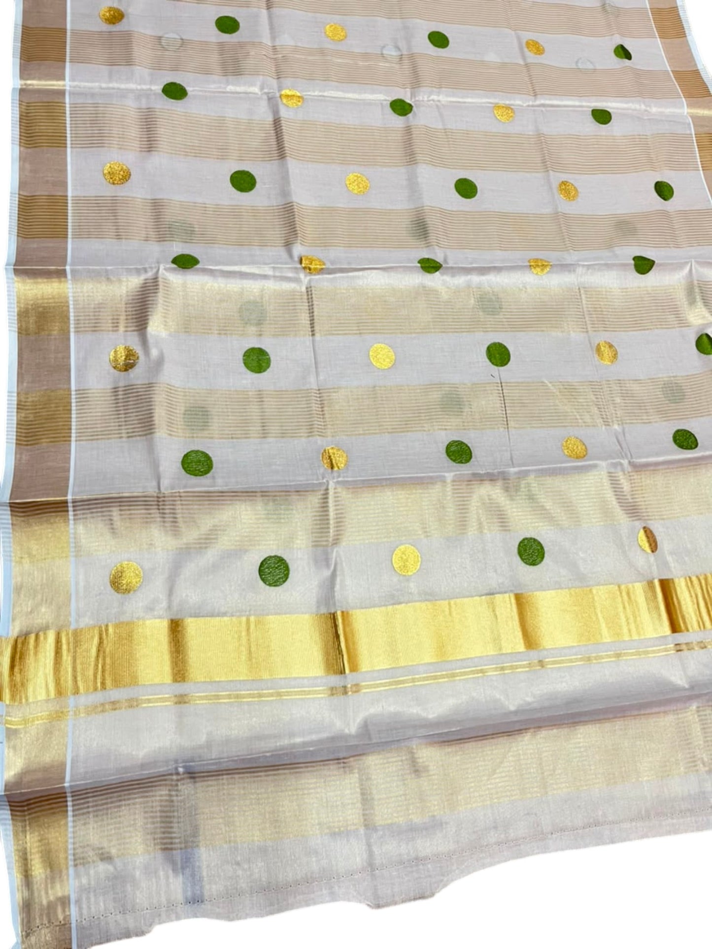 Southloom Kerala Tissue Kasavu Stripes Saree with Polka Embroidery Works on Body in Olive Green