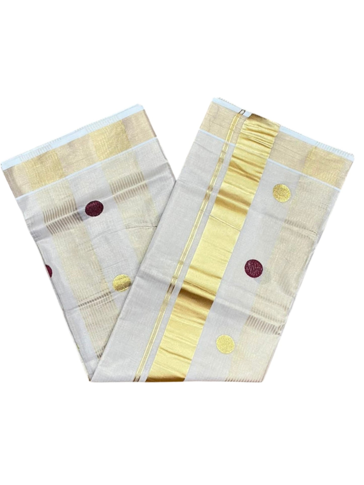 Southloom Kerala Tissue Kasavu Stripes Saree with Polka Embroidery Works on Body in Maroon
