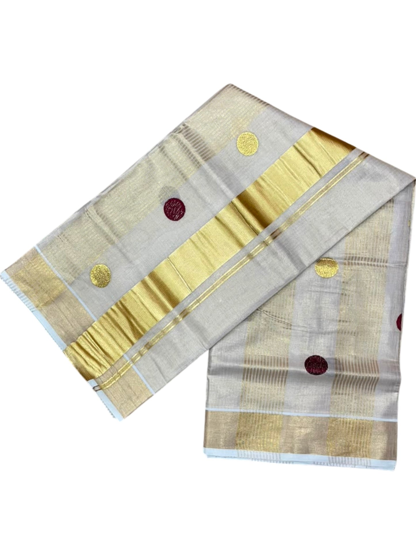 Southloom Kerala Tissue Kasavu Stripes Saree with Polka Embroidery Works on Body in Maroon