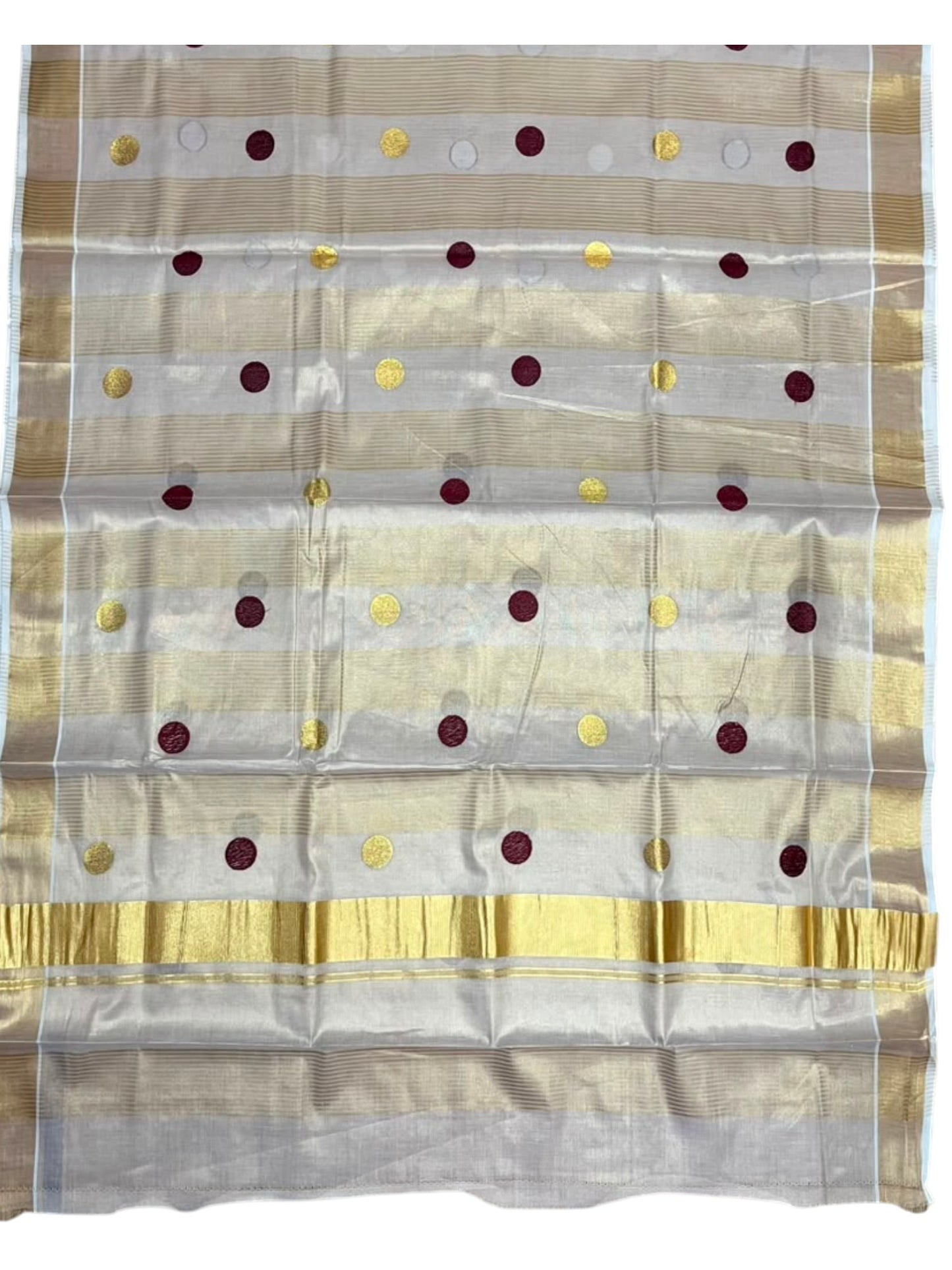 Southloom Kerala Tissue Kasavu Stripes Saree with Polka Embroidery Works on Body in Maroon
