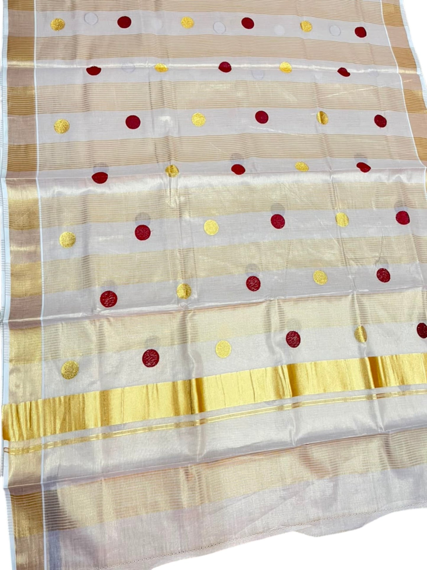 Southloom Kerala Tissue Kasavu Stripes Saree with Polka Embroidery Works on Body in Maroon