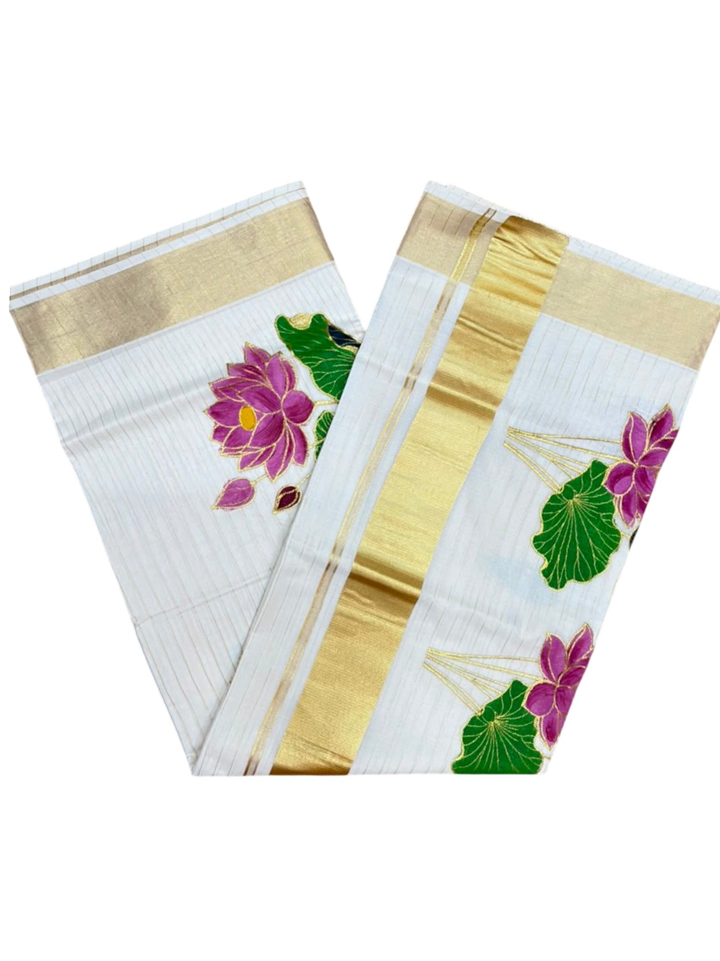 Southloom Cotton Kerala Kasavu Saree with Hand Painted Embroidery Lotus Design SL289
