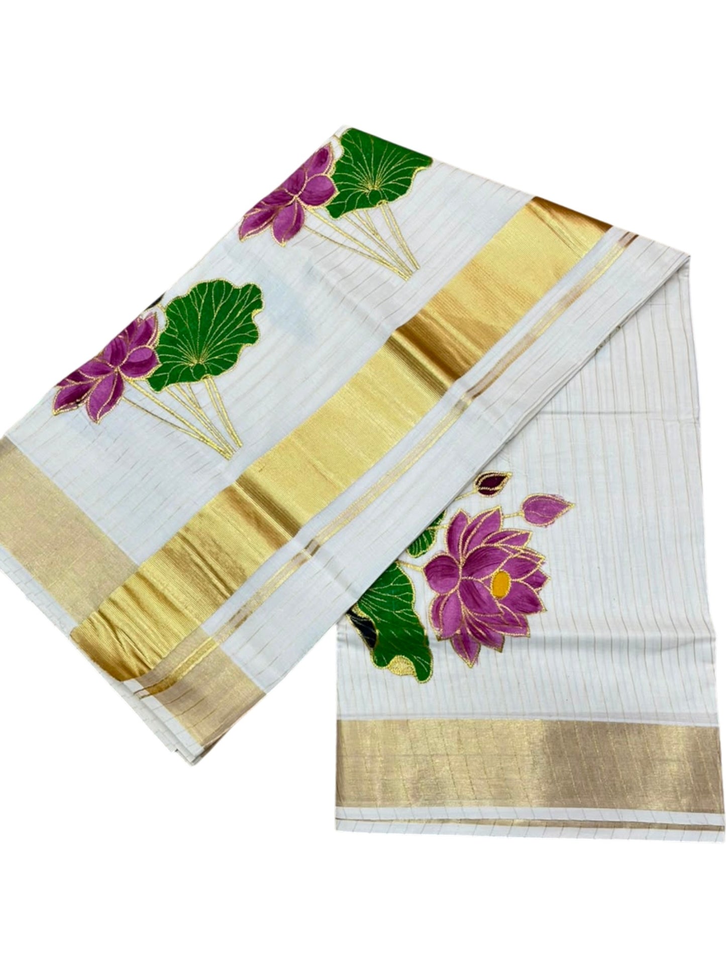 Southloom Cotton Kerala Kasavu Saree with Hand Painted Embroidery Lotus Design SL289